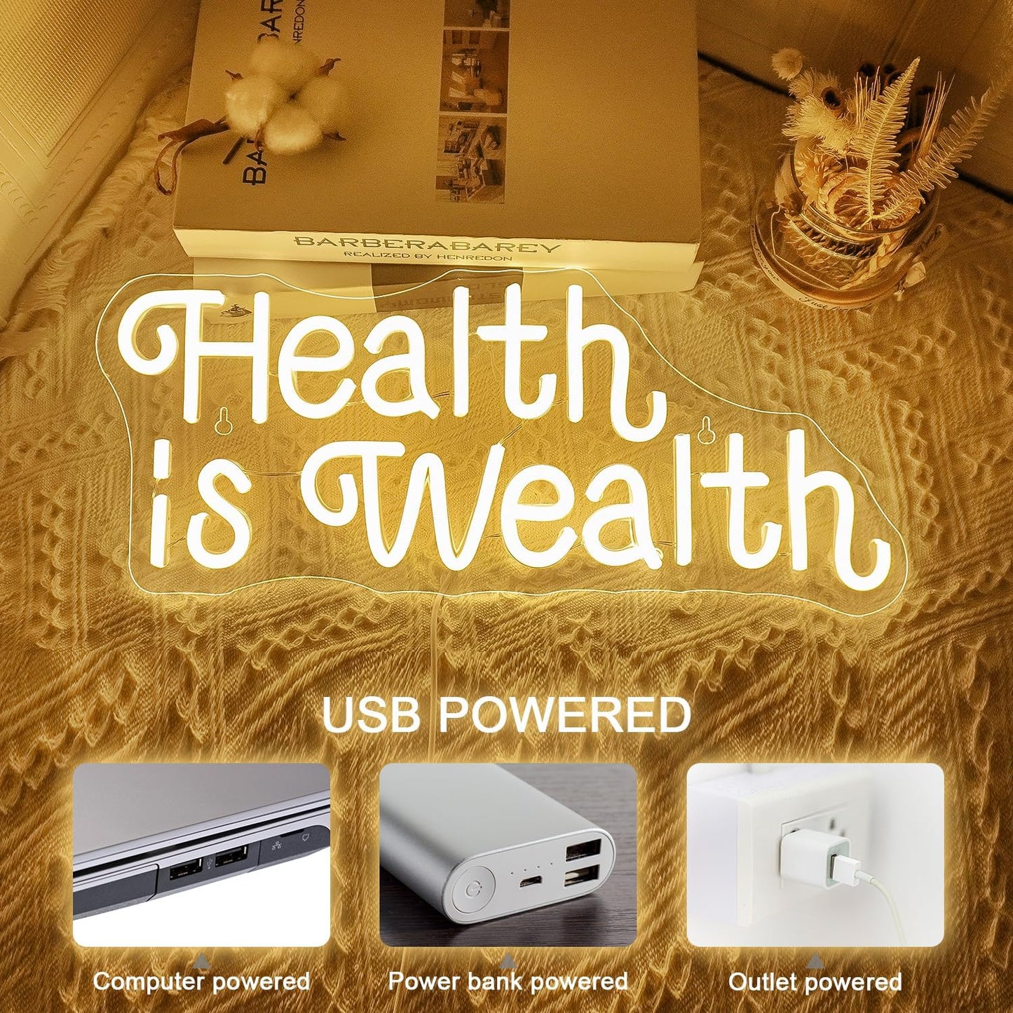 Health is Wealth neon sign glowing in LED light, motivational wall decor for gym or wellness space