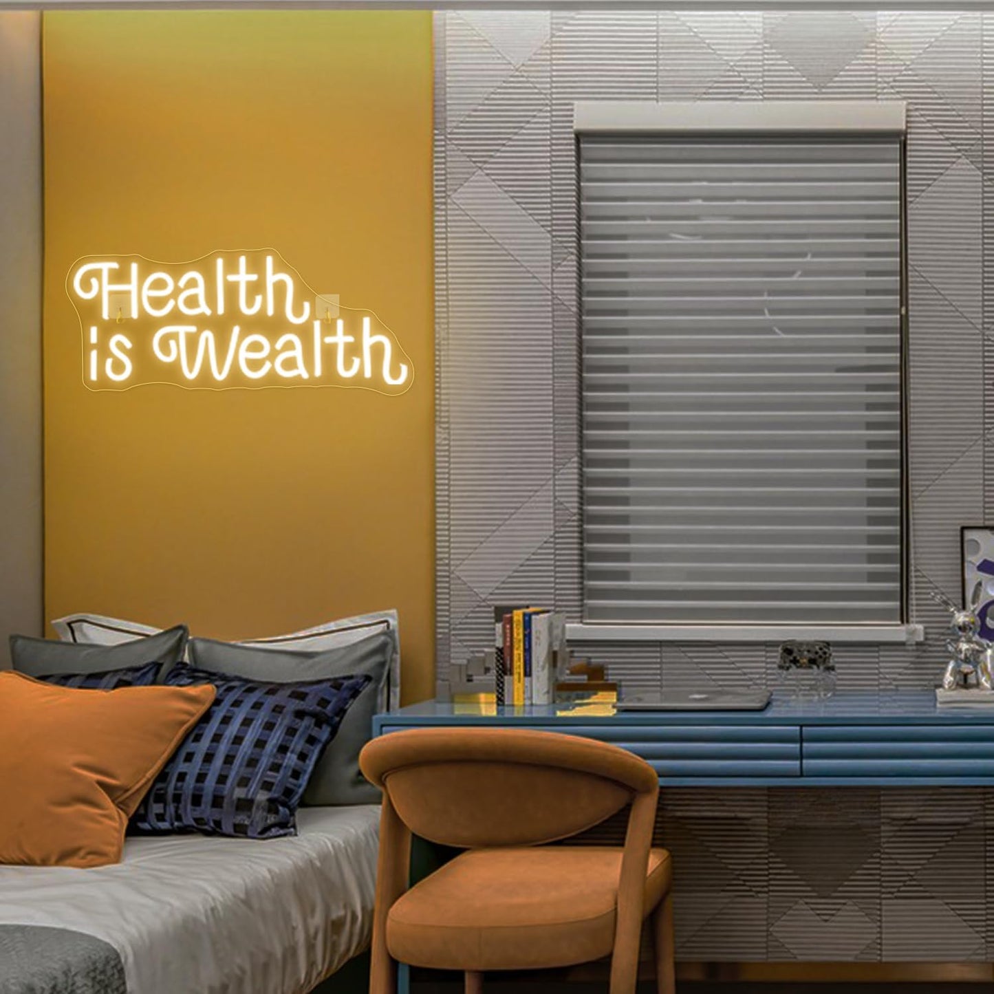 Health is Wealth neon sign glowing in LED light, motivational wall decor for gym or wellness space