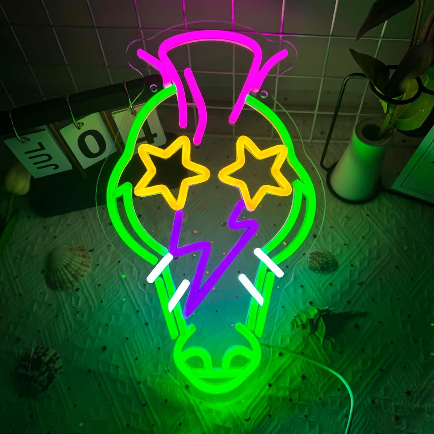 Horse head neon sign with star glasses – fun LED wall decor for kids room, party, or bar