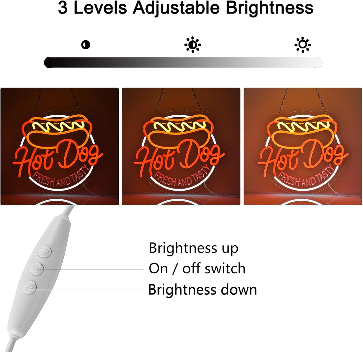 Hot dog neon sign with text “Fresh and Tasty” in red, yellow, and white LED lighting
