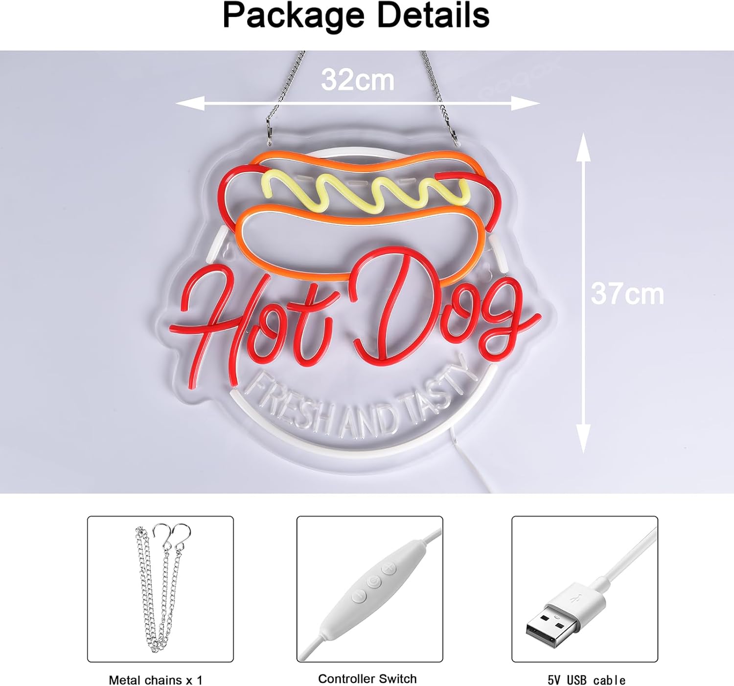 Hot dog neon sign with text “Fresh and Tasty” in red, yellow, and white LED lighting