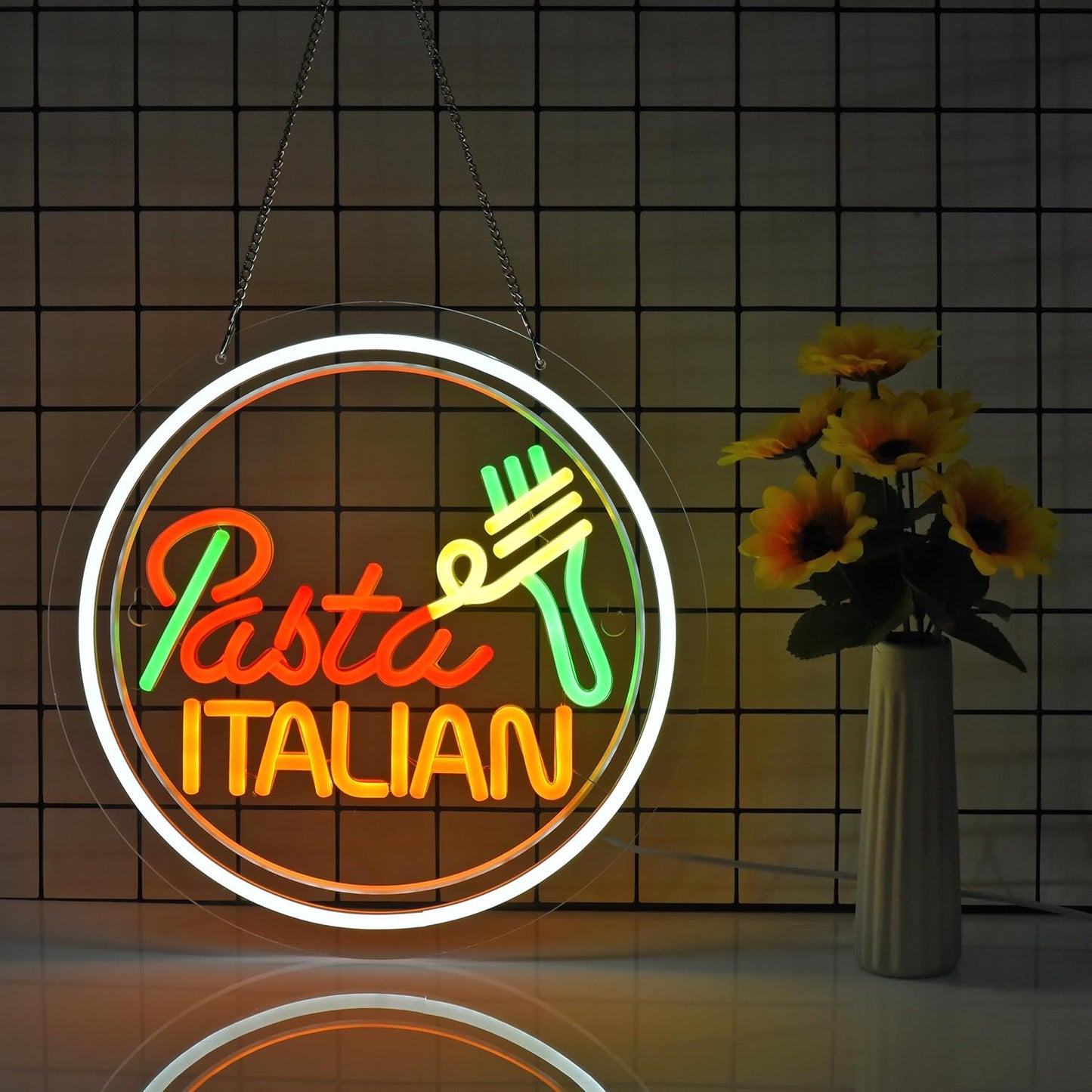 Italian pasta neon sign with fork and noodle design