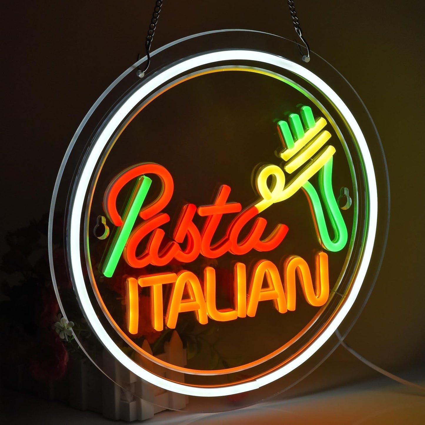 Italian pasta neon sign with fork and noodle design