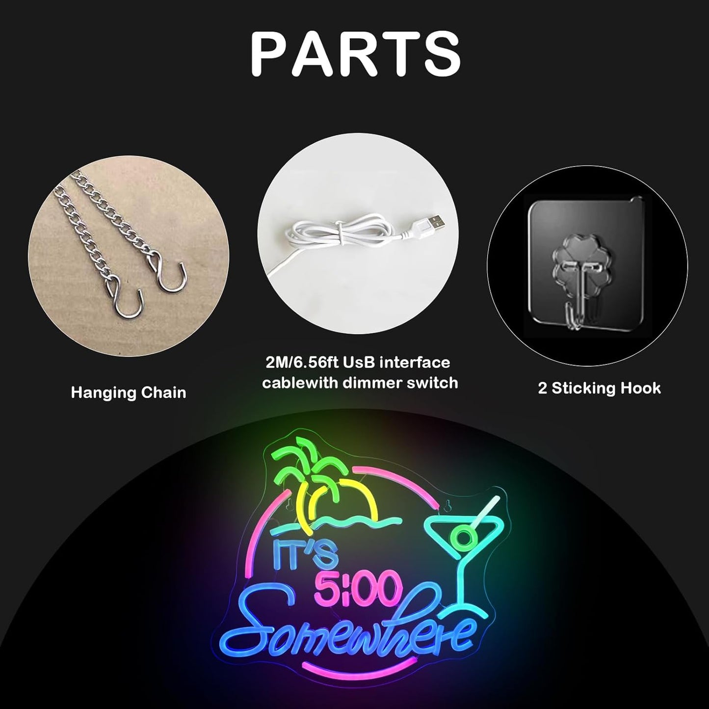 "It’s 5:00 Somewhere" neon sign with cocktail and palm tree