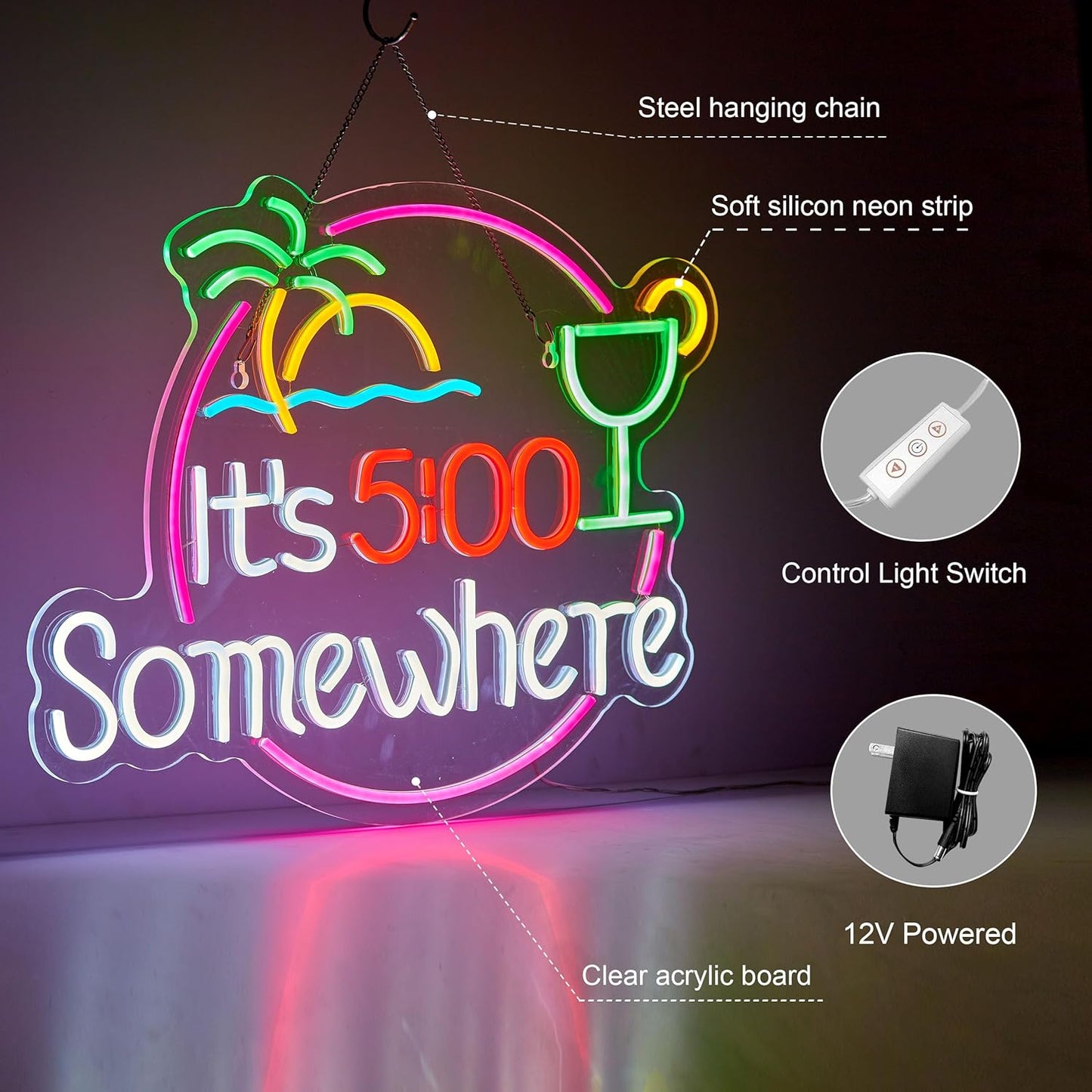 It’s 5:00 Somewhere neon sign with cocktail glass, sunset, and palm trees