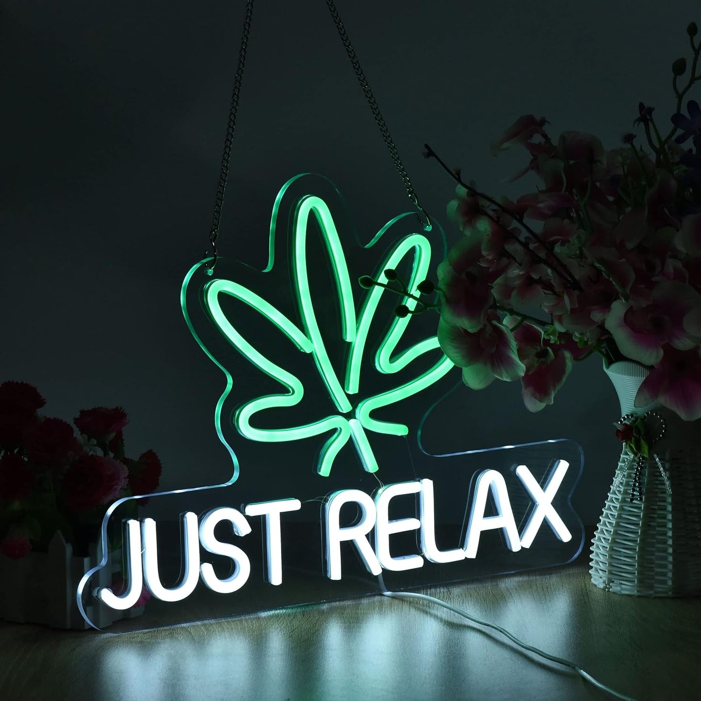 Just Relax" Neon Sign – LED Wall Art with Leaf Design for Home & Office Decor - Deen neon