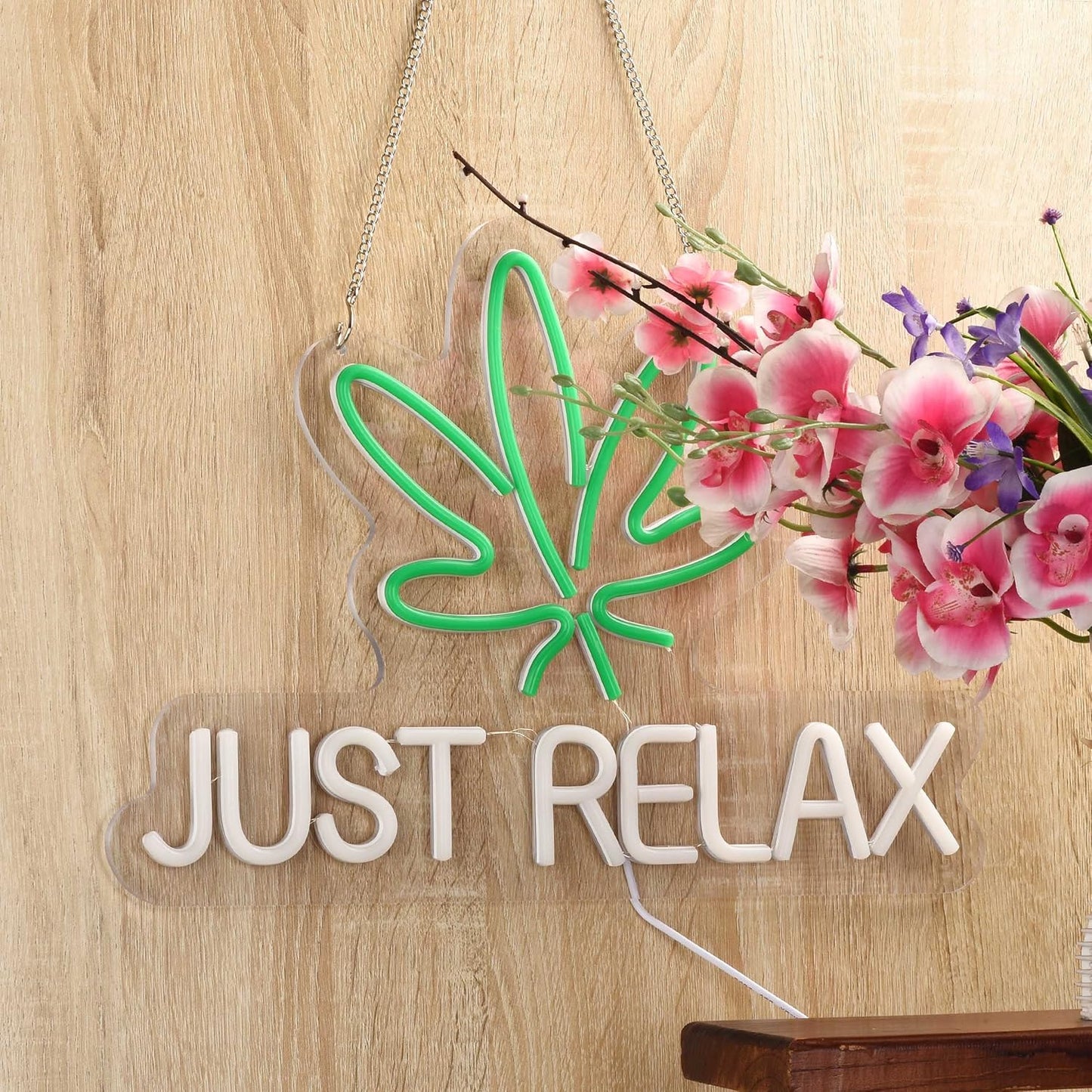 Just Relax" Neon Sign – LED Wall Art with Leaf Design for Home & Office Decor - Deen neon