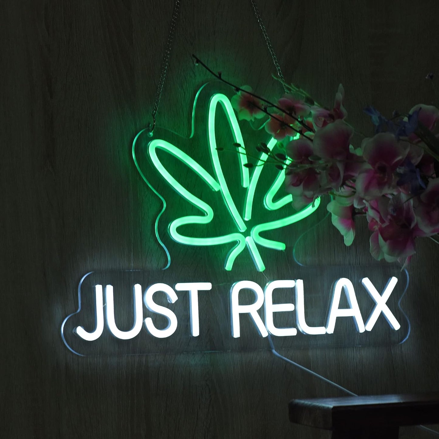 Just Relax" Neon Sign – LED Wall Art with Leaf Design for Home & Office Decor - Deen neon