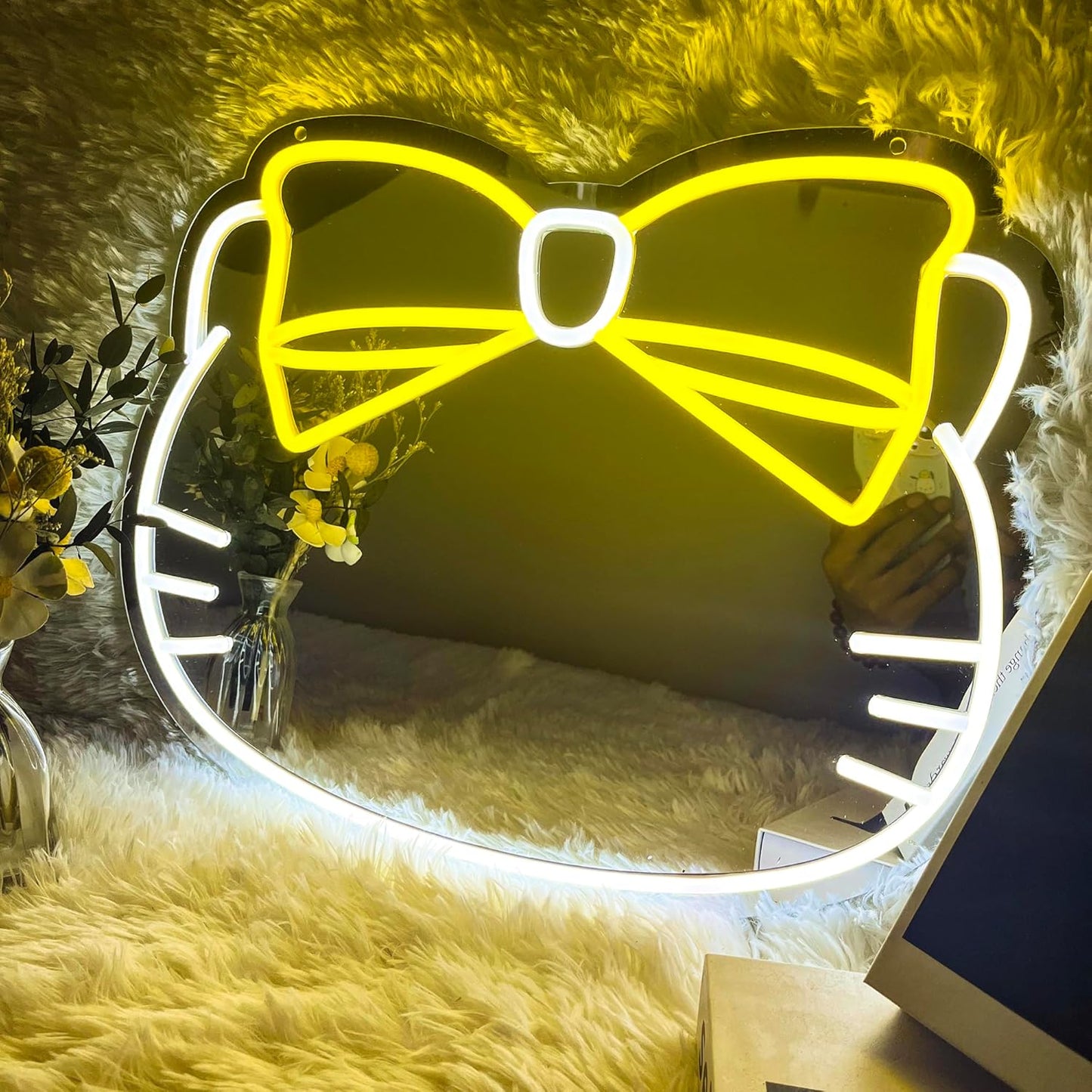 Kawaii Cat Neon Mirror Light with Yellow Bow – Aesthetic Bedroom & Bathroom Decor - Deen neon