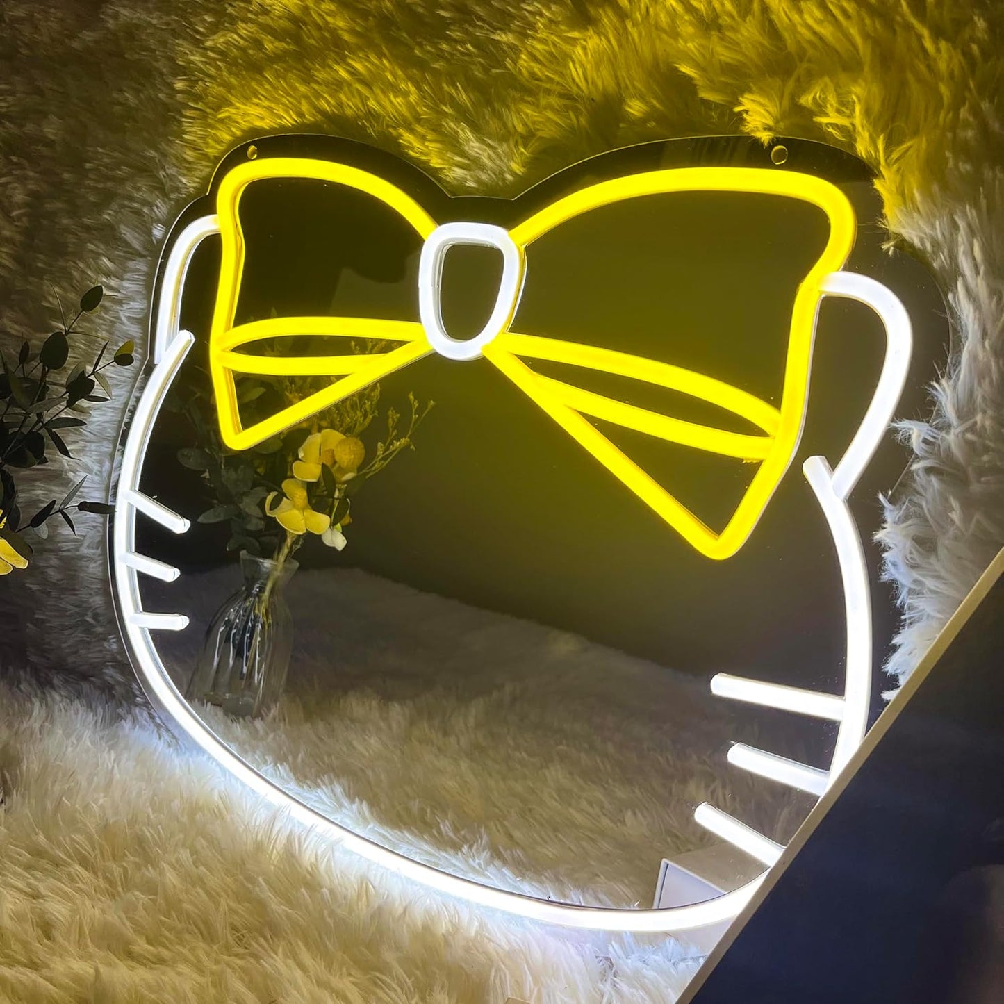 Kawaii Cat Neon Mirror Light with Yellow Bow – Aesthetic Bedroom & Bathroom Decor - Deen neon