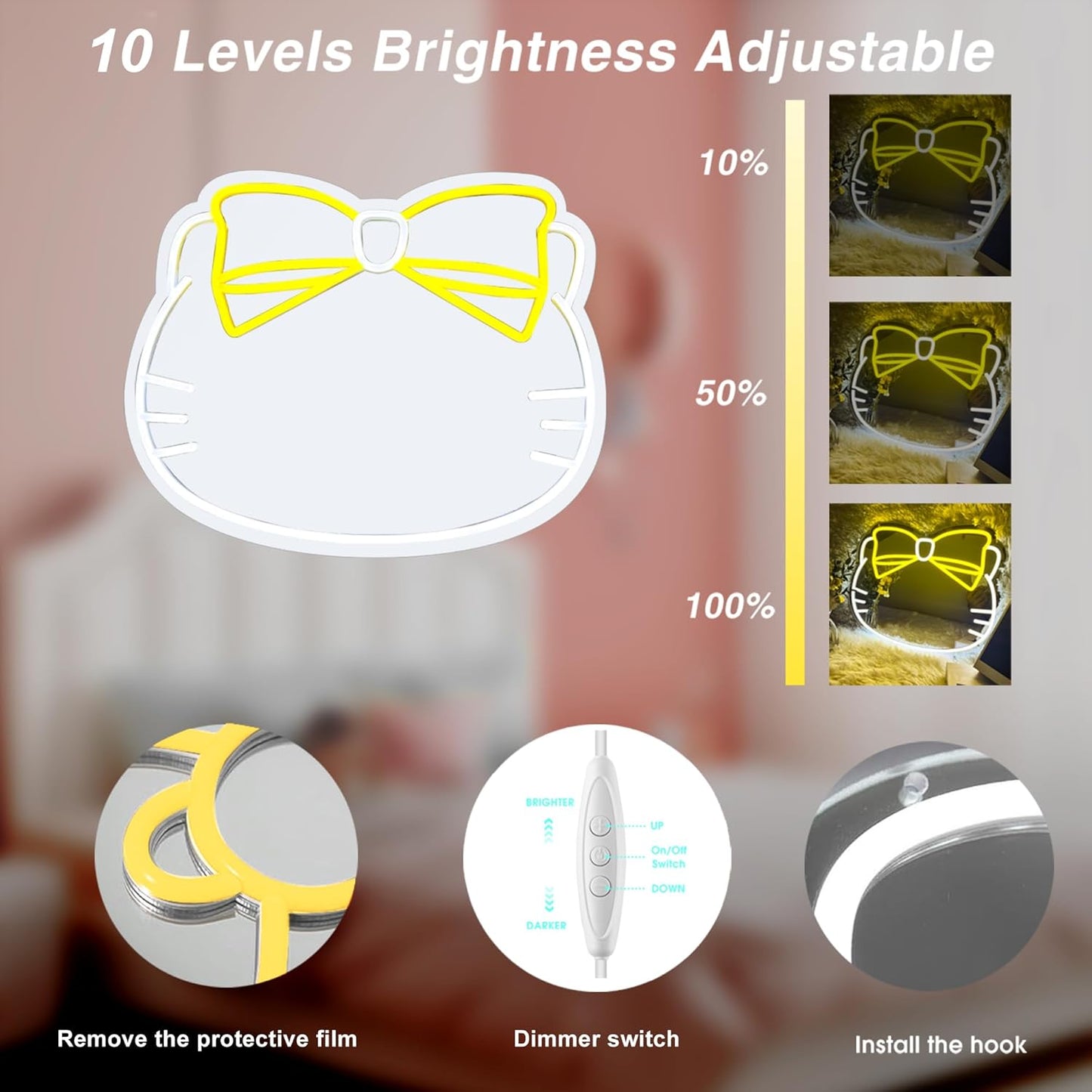 Kawaii Cat Neon Mirror Light with Yellow Bow – Aesthetic Bedroom & Bathroom Decor - Deen neon