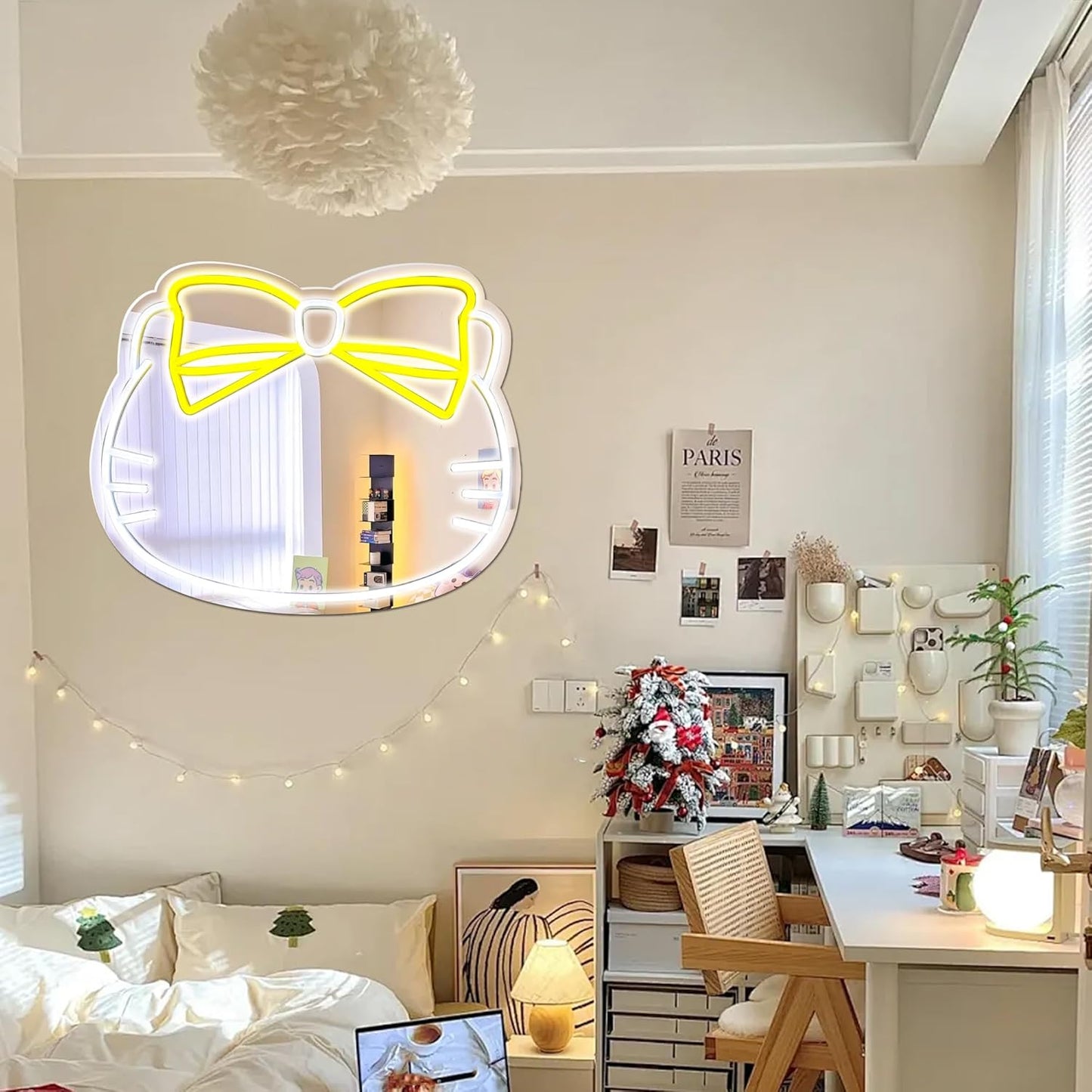 Kawaii Cat Neon Mirror Light with Yellow Bow – Aesthetic Bedroom & Bathroom Decor - Deen neon