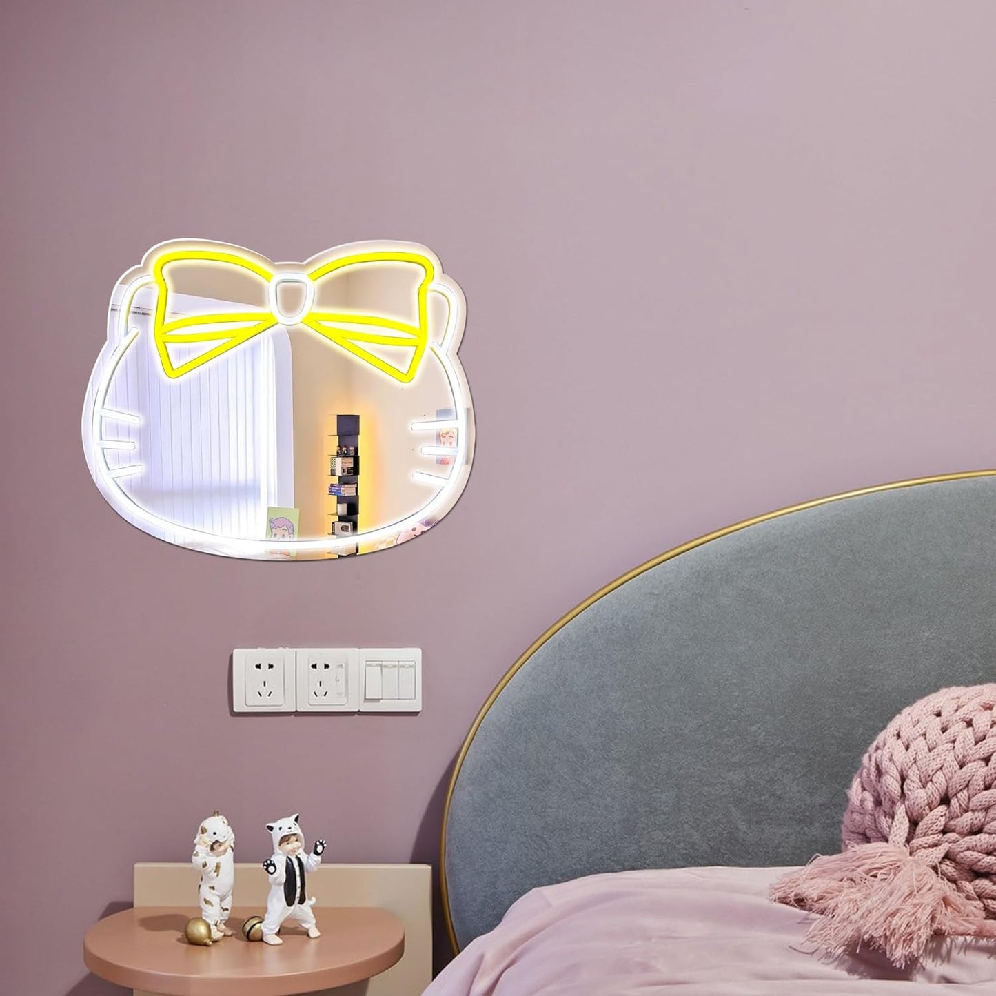 Kawaii Cat Neon Mirror Light with Yellow Bow – Aesthetic Bedroom & Bathroom Decor - Deen neon