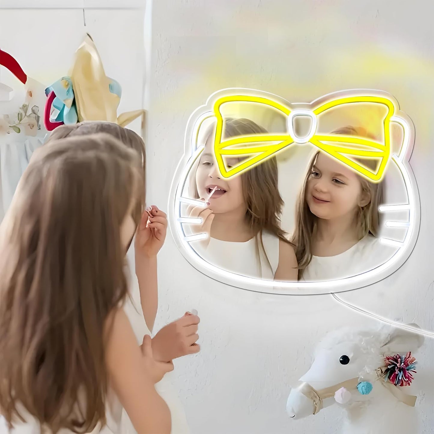 Kawaii Cat Neon Mirror Light with Yellow Bow – Aesthetic Bedroom & Bathroom Decor - Deen neon