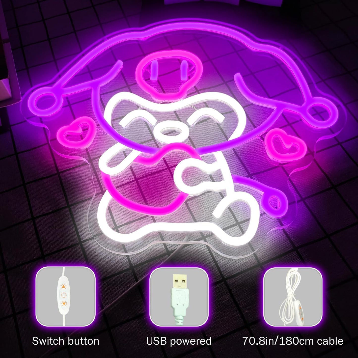 Kuromi neon sign holding a heart, made of pink LED tube lights, Sanrio wall decor