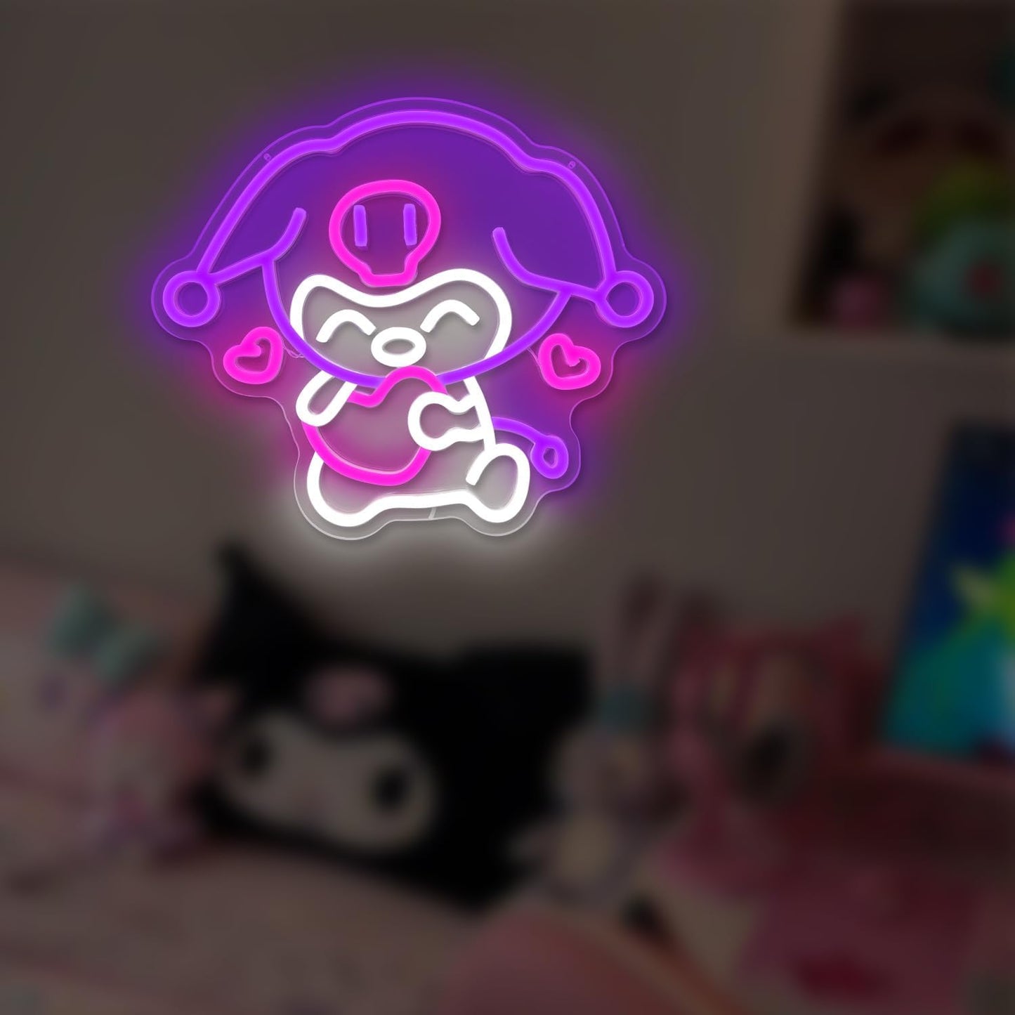 Kuromi neon sign holding a heart, made of pink LED tube lights, Sanrio wall decor