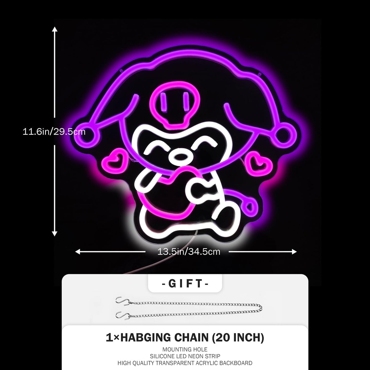 Kuromi neon sign holding a heart, made of pink LED tube lights, Sanrio wall decor