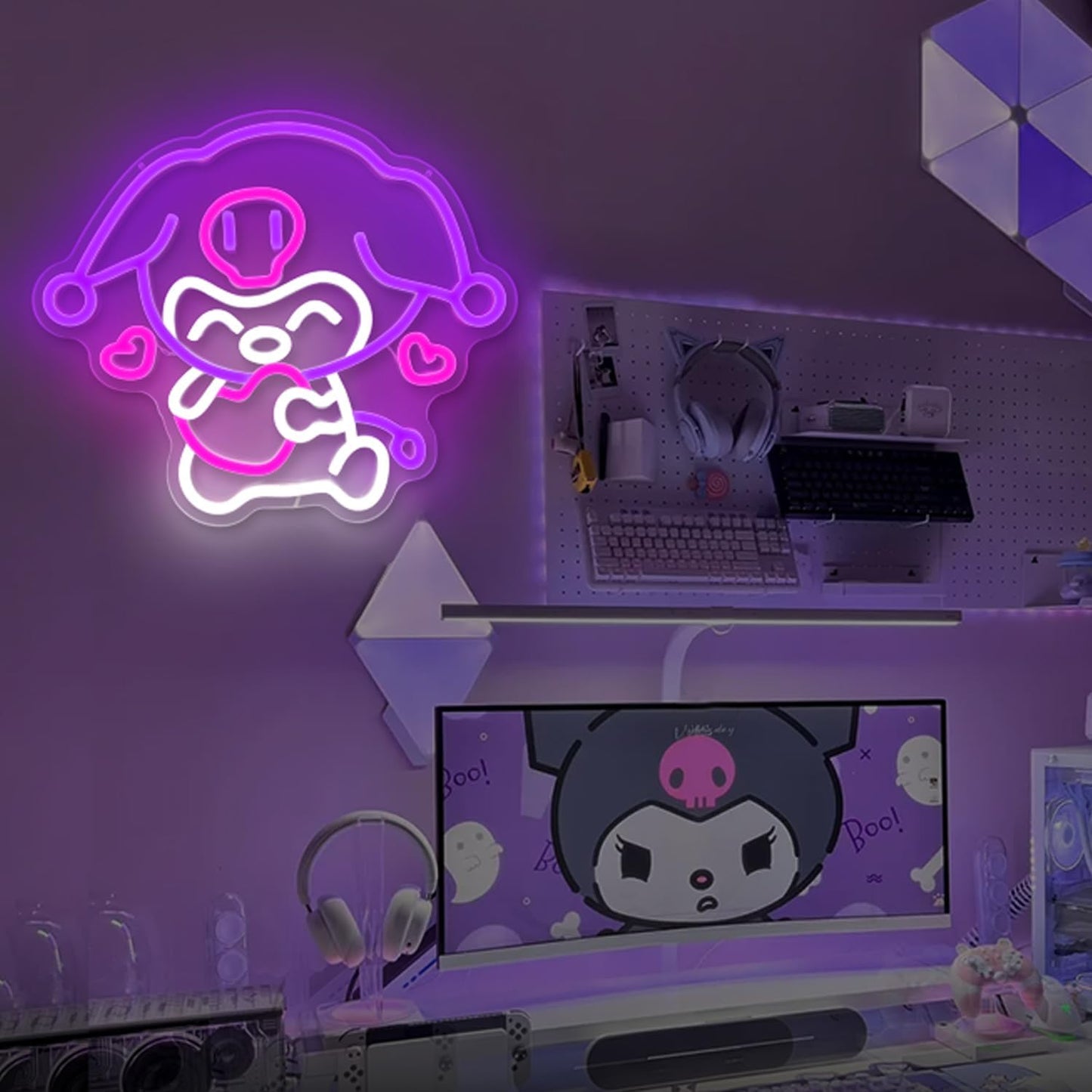 Kuromi neon sign holding a heart, made of pink LED tube lights, Sanrio wall decor