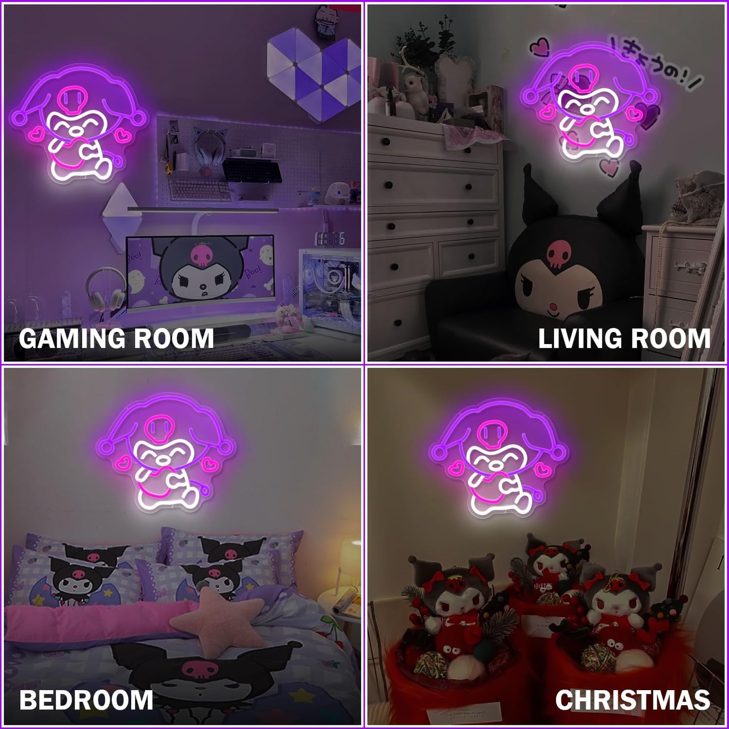 Kuromi neon sign holding a heart, made of pink LED tube lights, Sanrio wall decor