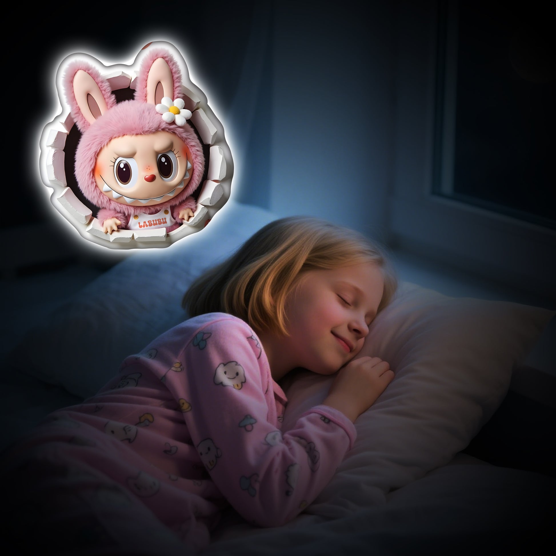 Labubu bunny outfit neon sign with 3D wall-break effect for kids room decor
