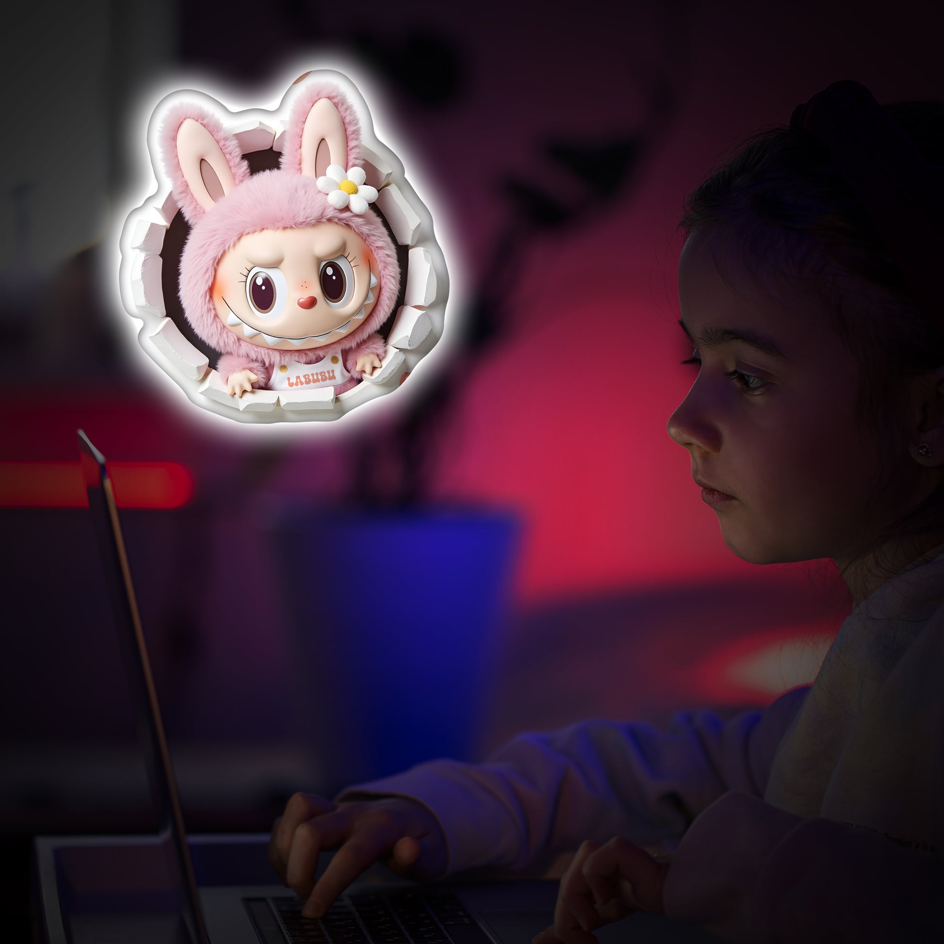 Labubu bunny outfit neon sign with 3D wall-break effect for kids room decor