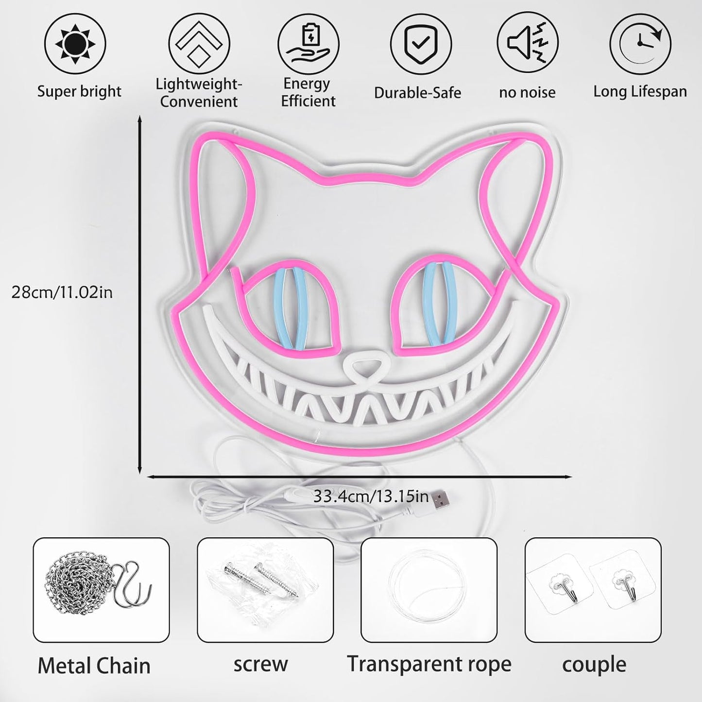 Laughing cat face neon sign – Cute LED wall light for bedroom or game room decor