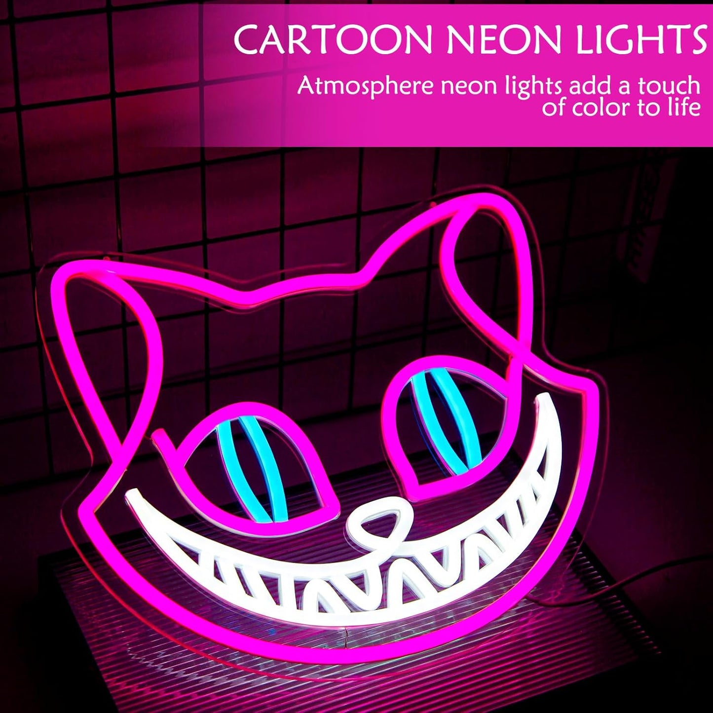 Laughing cat face neon sign – Cute LED wall light for bedroom or game room decor
