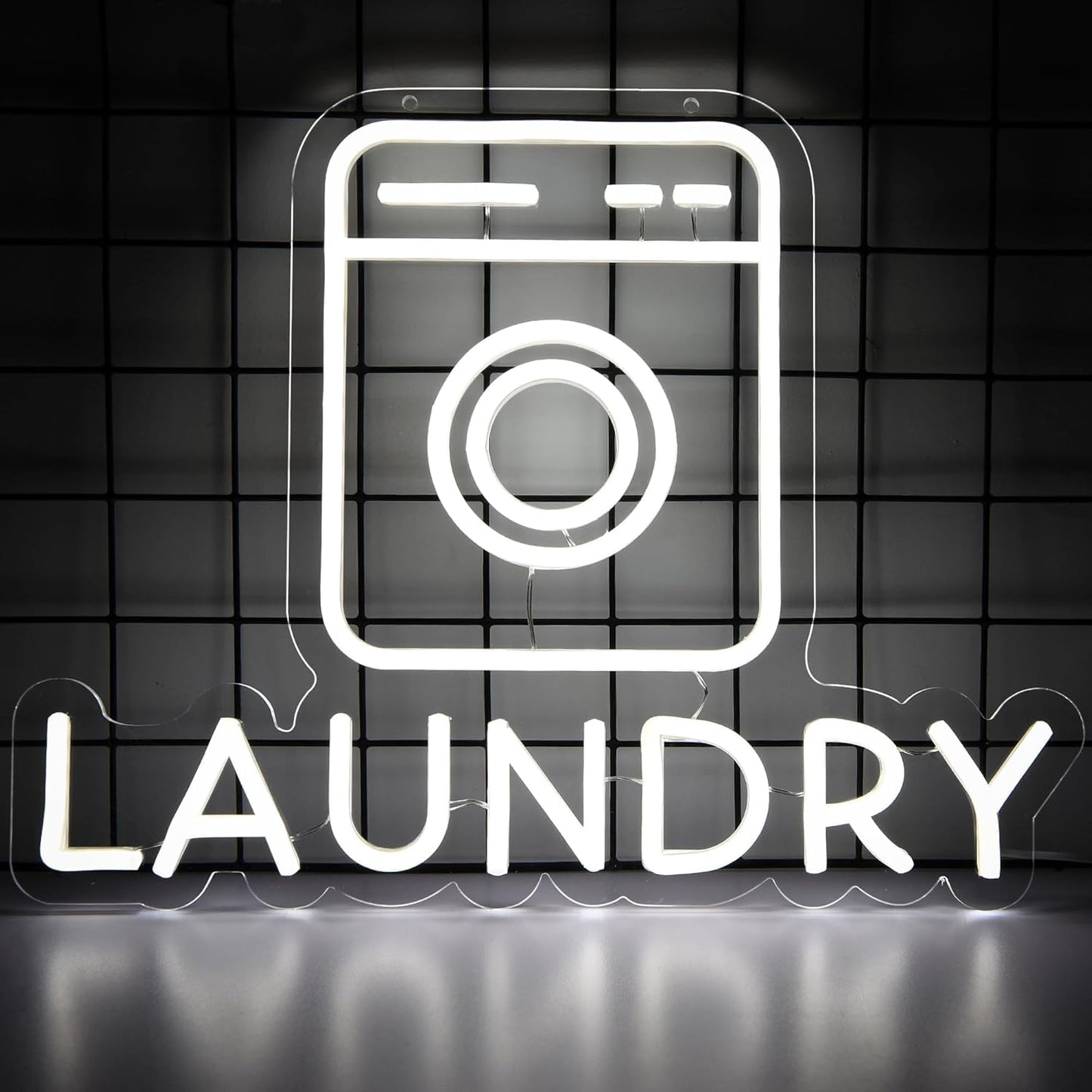 Washing machine neon sign with the word "Laundry" in LED lights for laundry room wall decor
