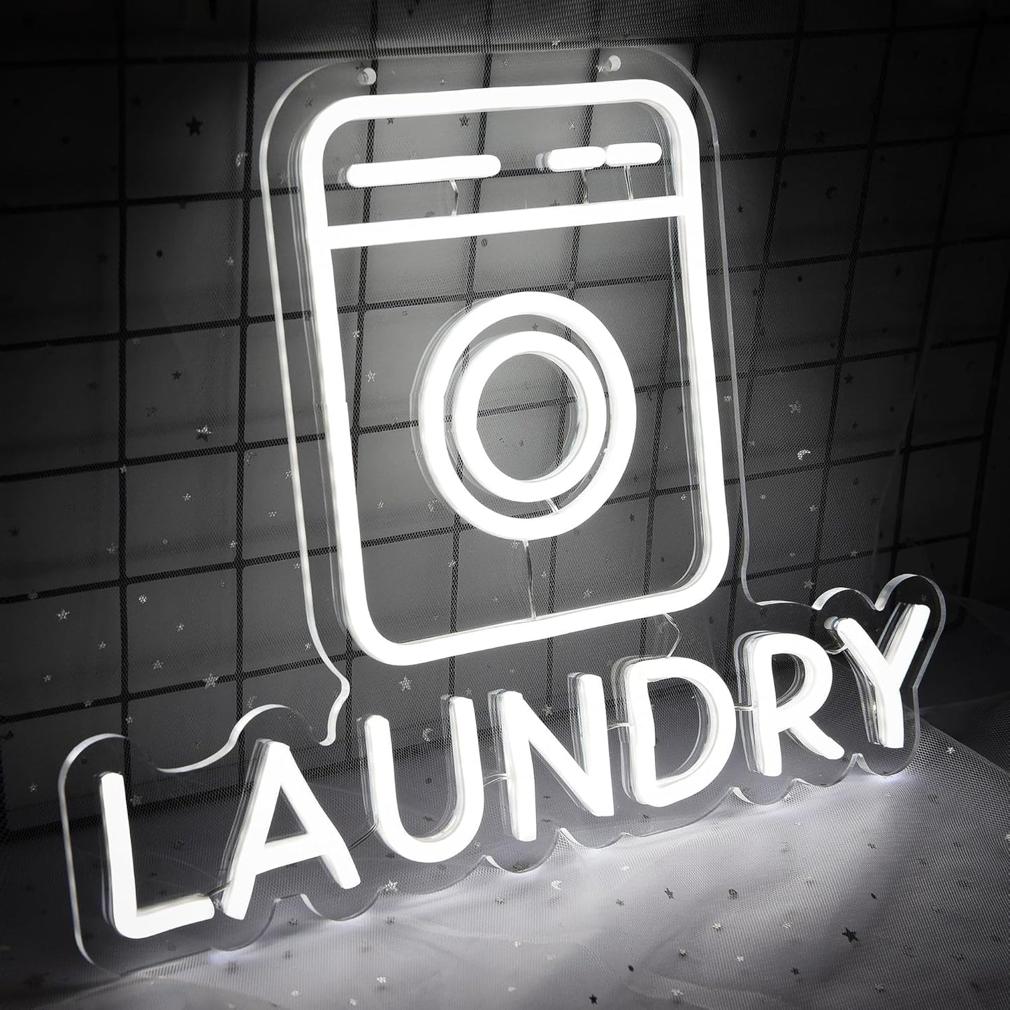 Washing machine neon sign with the word "Laundry" in LED lights for laundry room wall decor