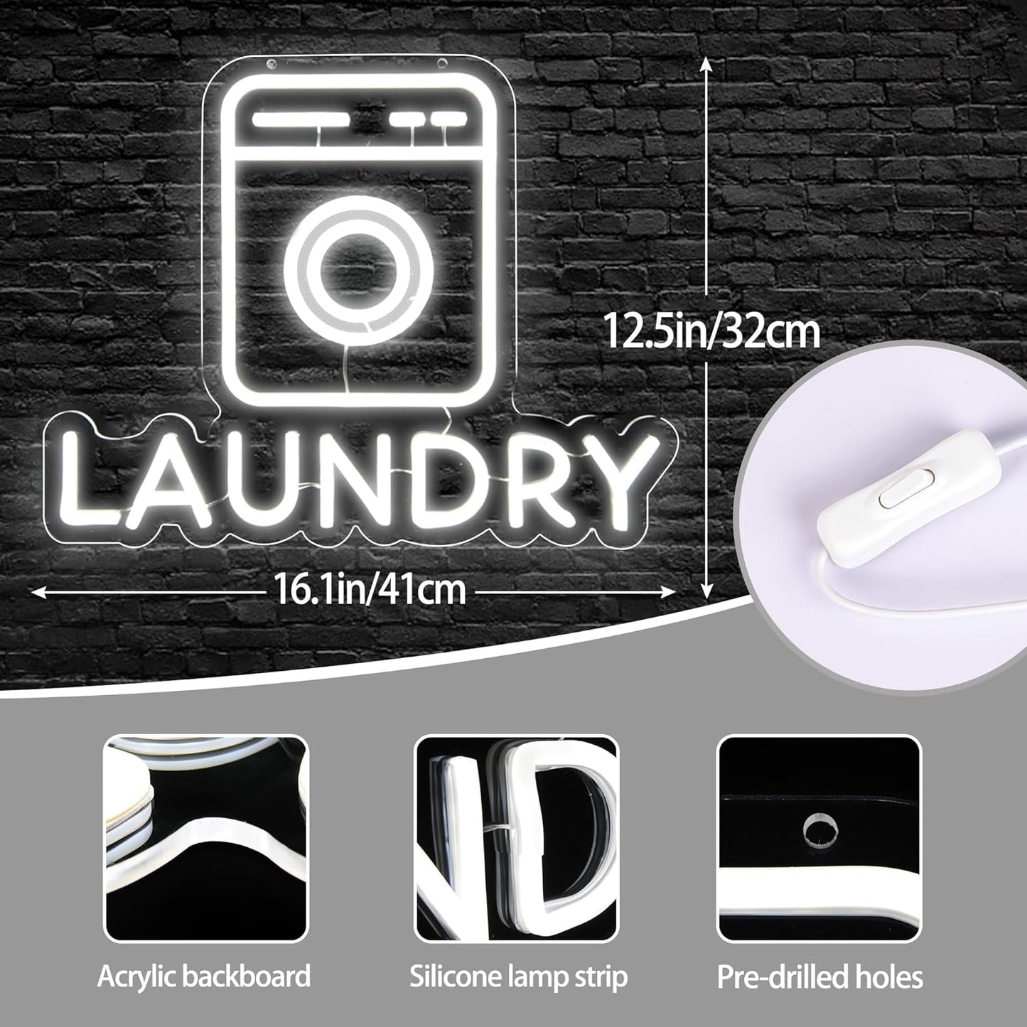 Washing machine neon sign with the word "Laundry" in LED lights for laundry room wall decor