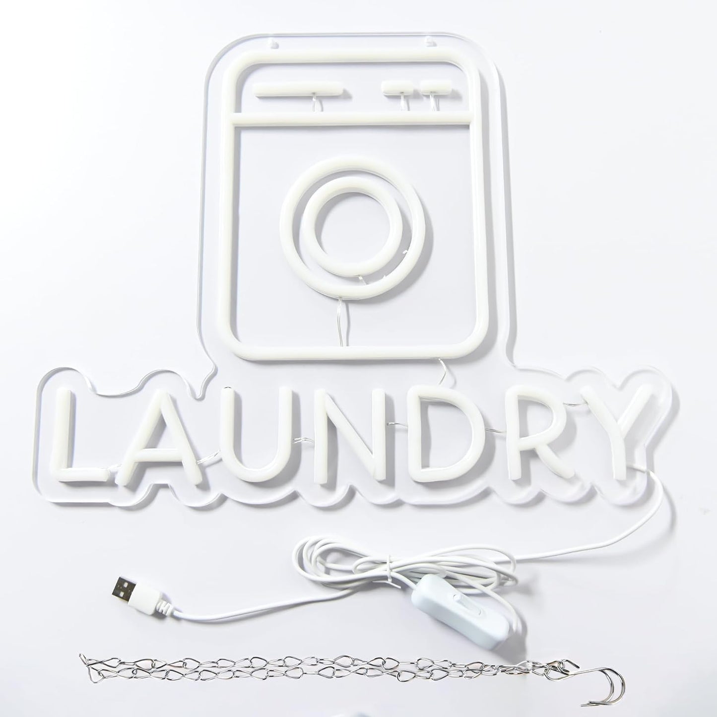 Washing machine neon sign with the word "Laundry" in LED lights for laundry room wall decor