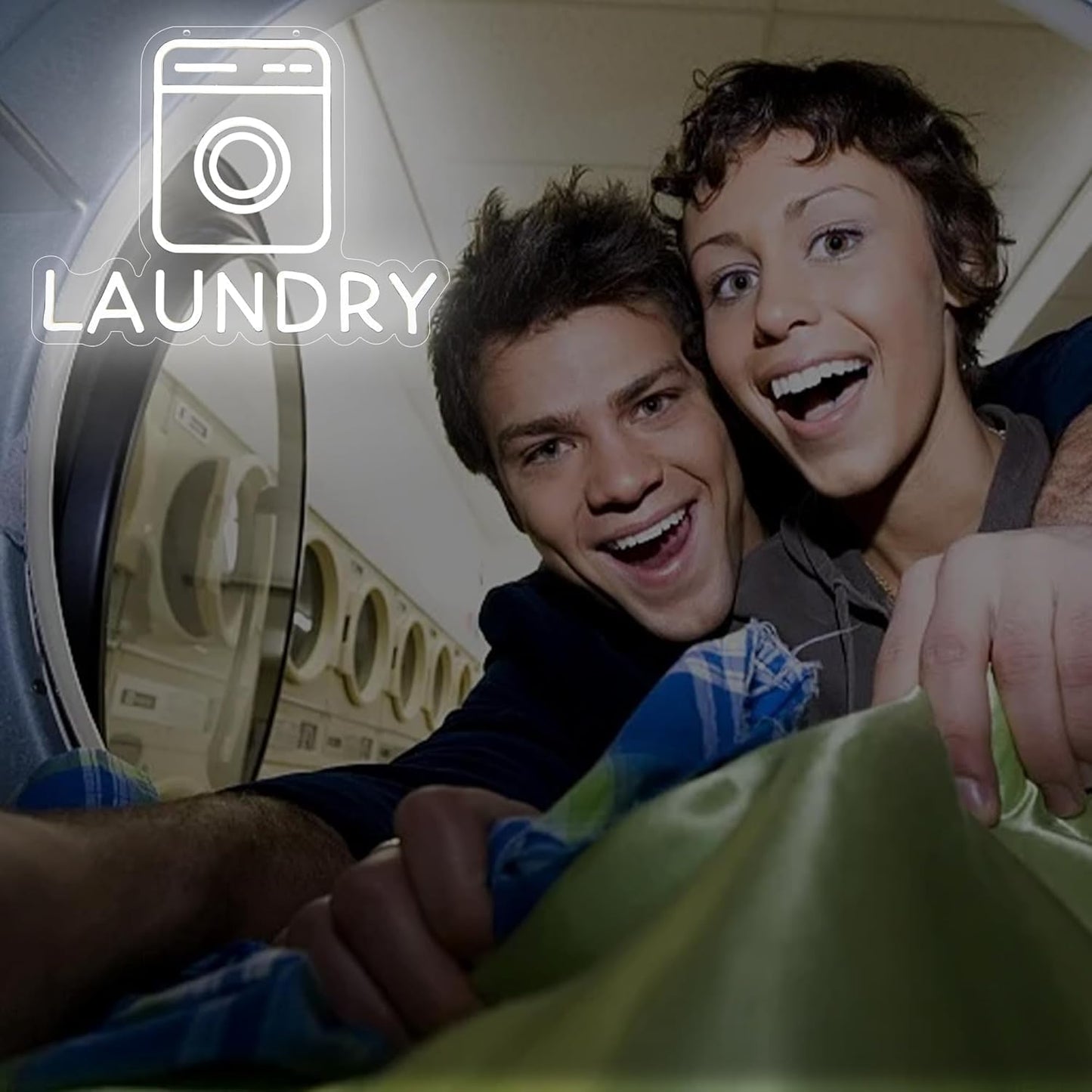 Washing machine neon sign with the word "Laundry" in LED lights for laundry room wall decor