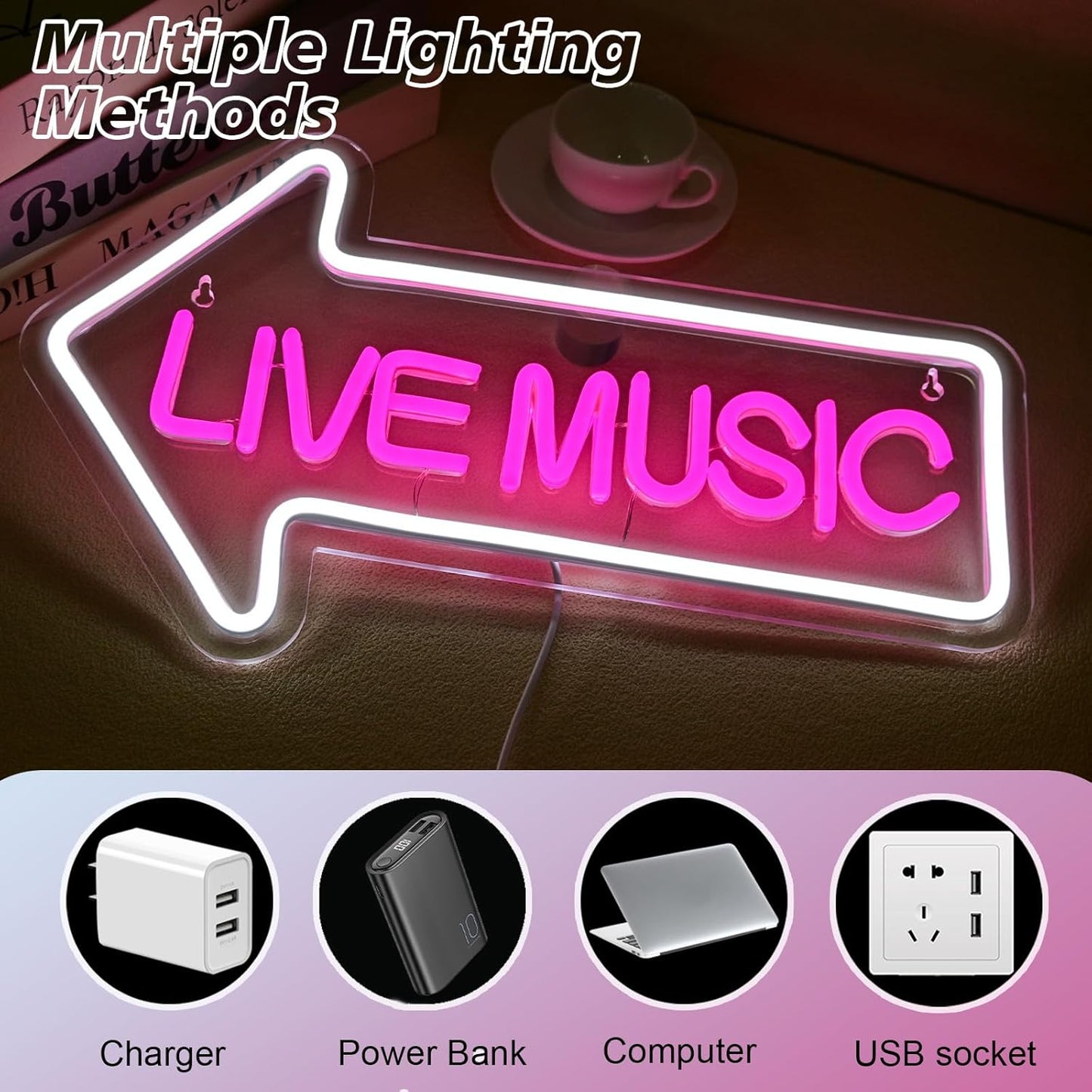 Live Music neon sign with arrow – LED wall decor for bars and music venues