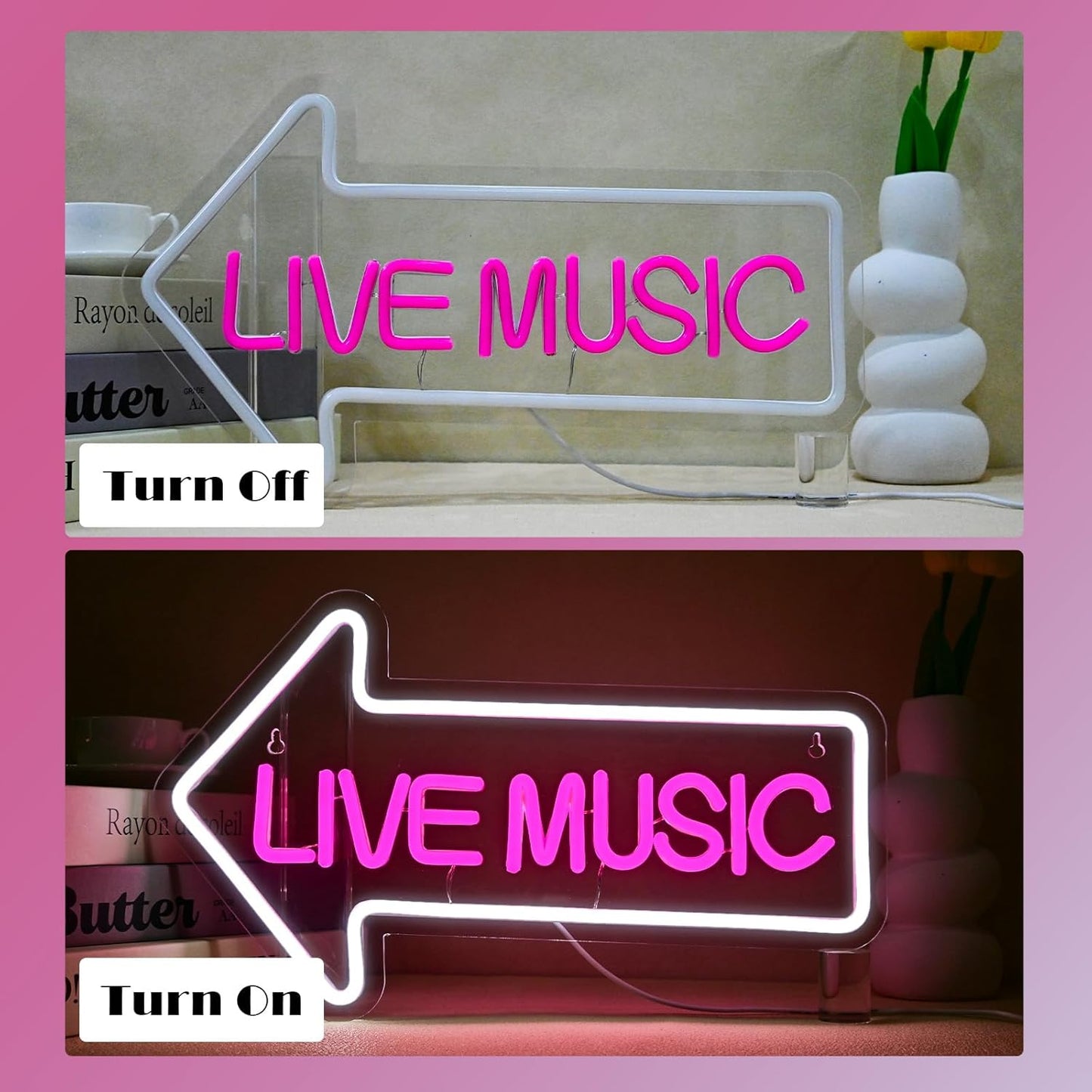Live Music neon sign with arrow – LED wall decor for bars and music venues