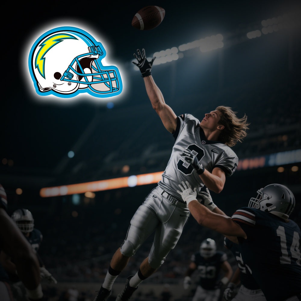 LED neon sign shaped like a Los Angeles Chargers football helmet with a glowing yellow lightning bolt, ideal for NFL fan decor and sports bars.