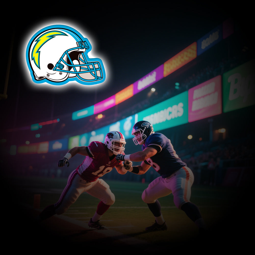 LED neon sign shaped like a Los Angeles Chargers football helmet with a glowing yellow lightning bolt, ideal for NFL fan decor and sports bars.