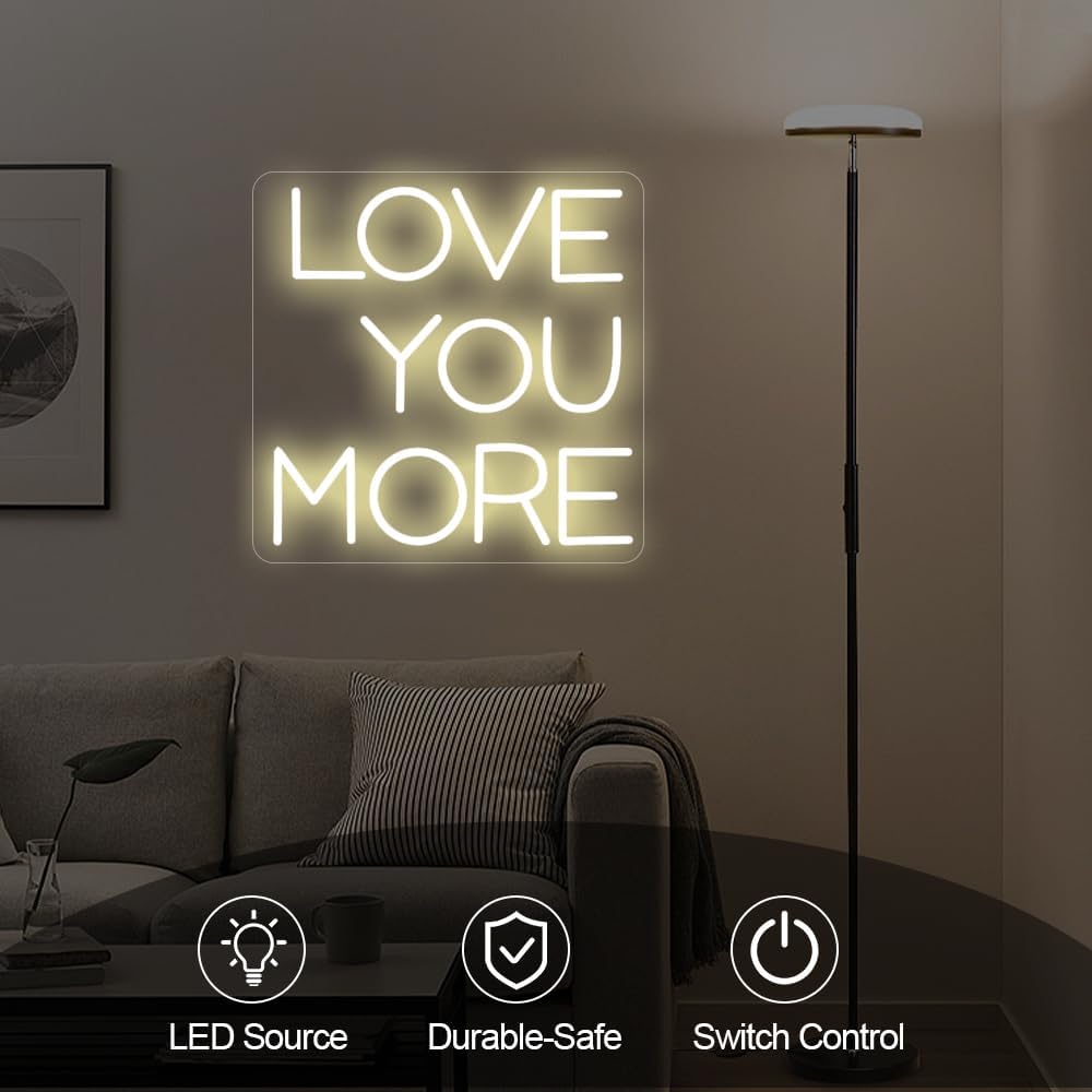 LED neon sign with the words ‘Love You More’ in bright script – romantic wall decor