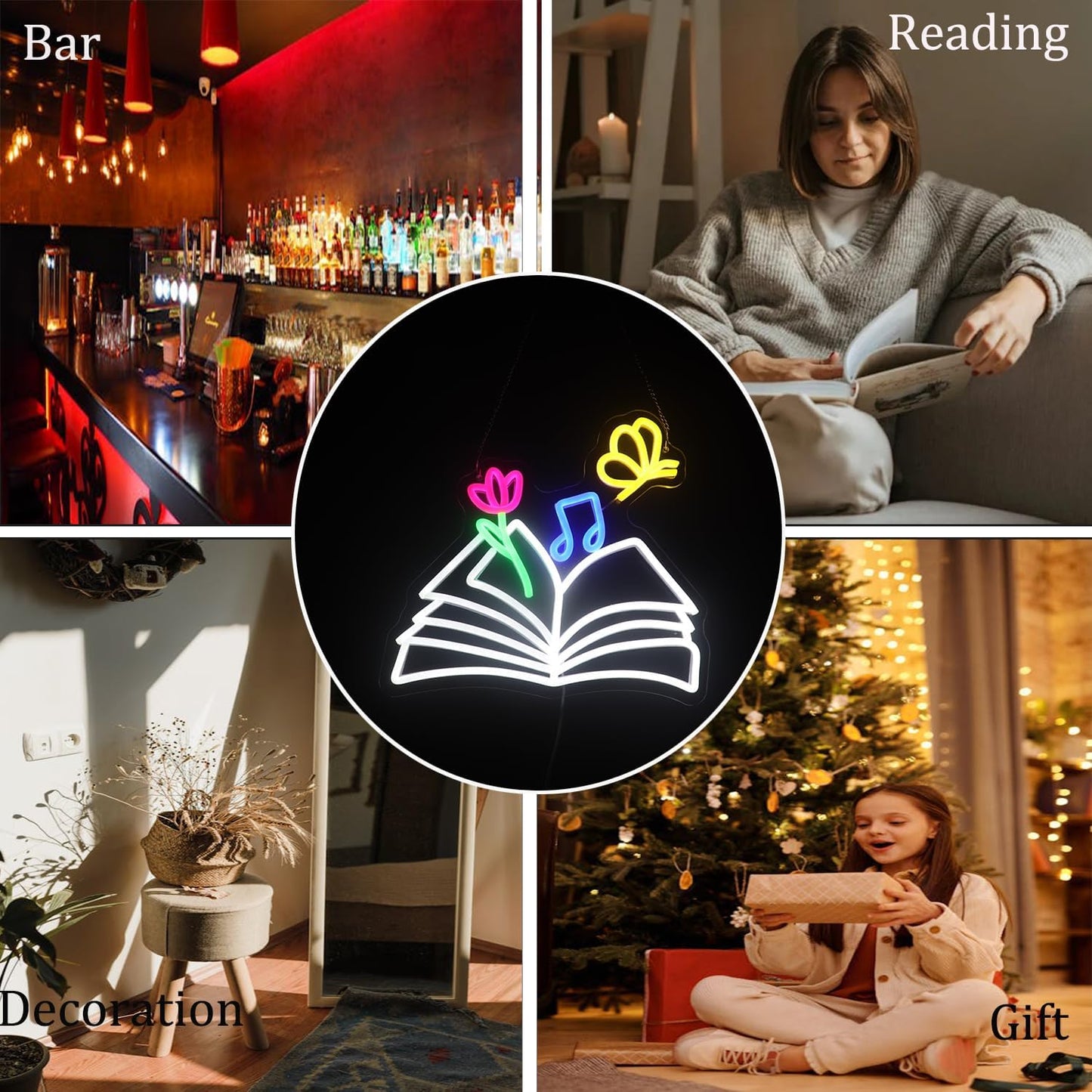 Neon sign of a magical book with glowing butterflies, flowers, and musical notes