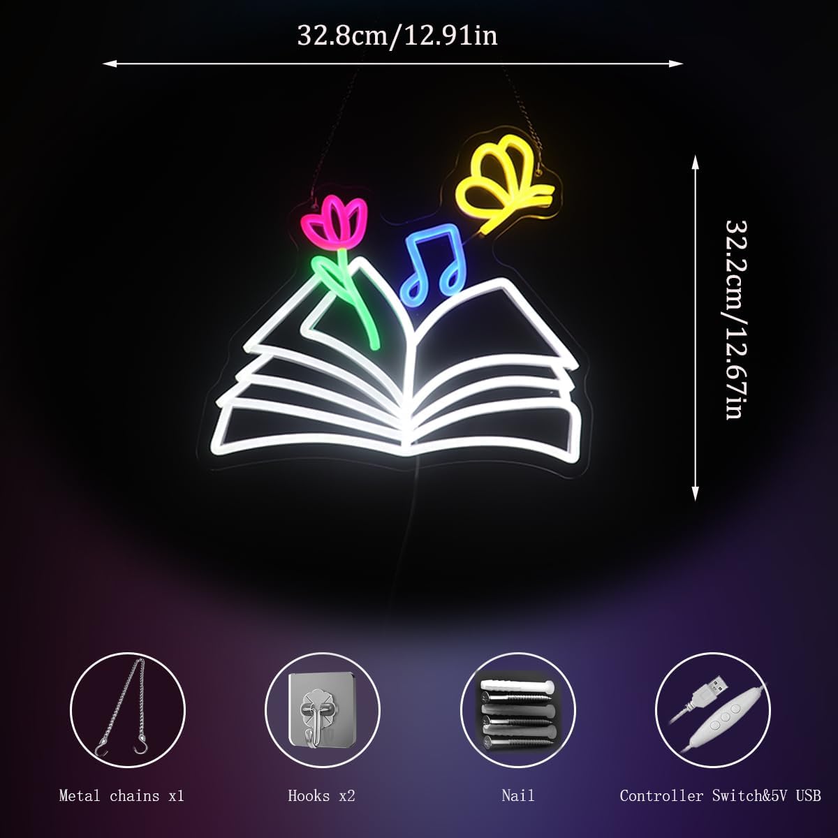 Neon sign of a magical book with glowing butterflies, flowers, and musical notes
