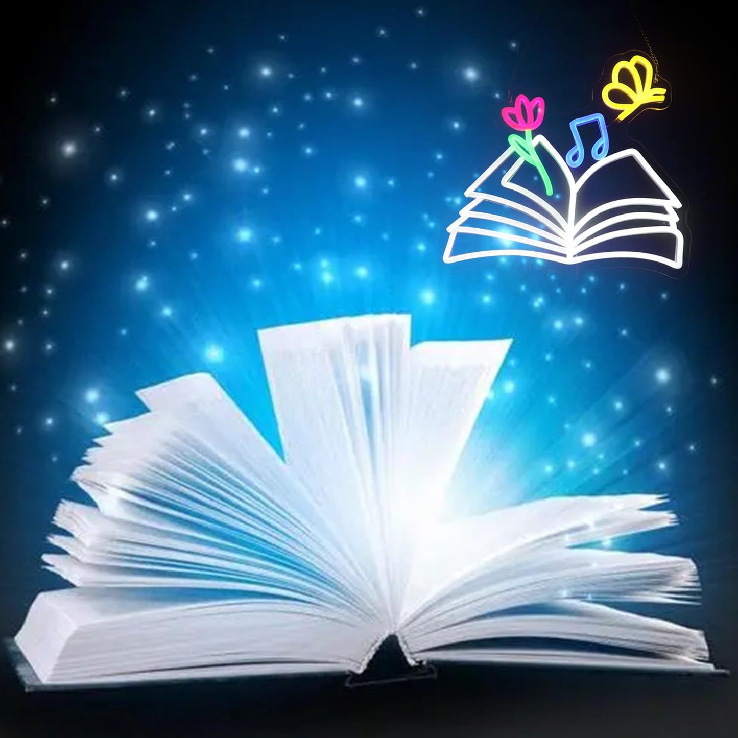 Neon sign of a magical book with glowing butterflies, flowers, and musical notes