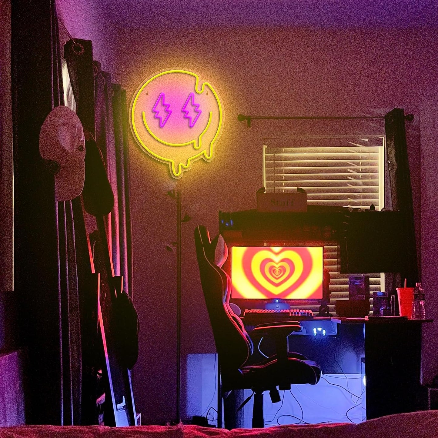 Melting smiley face neon sign with lightning bolt eyes in LED light