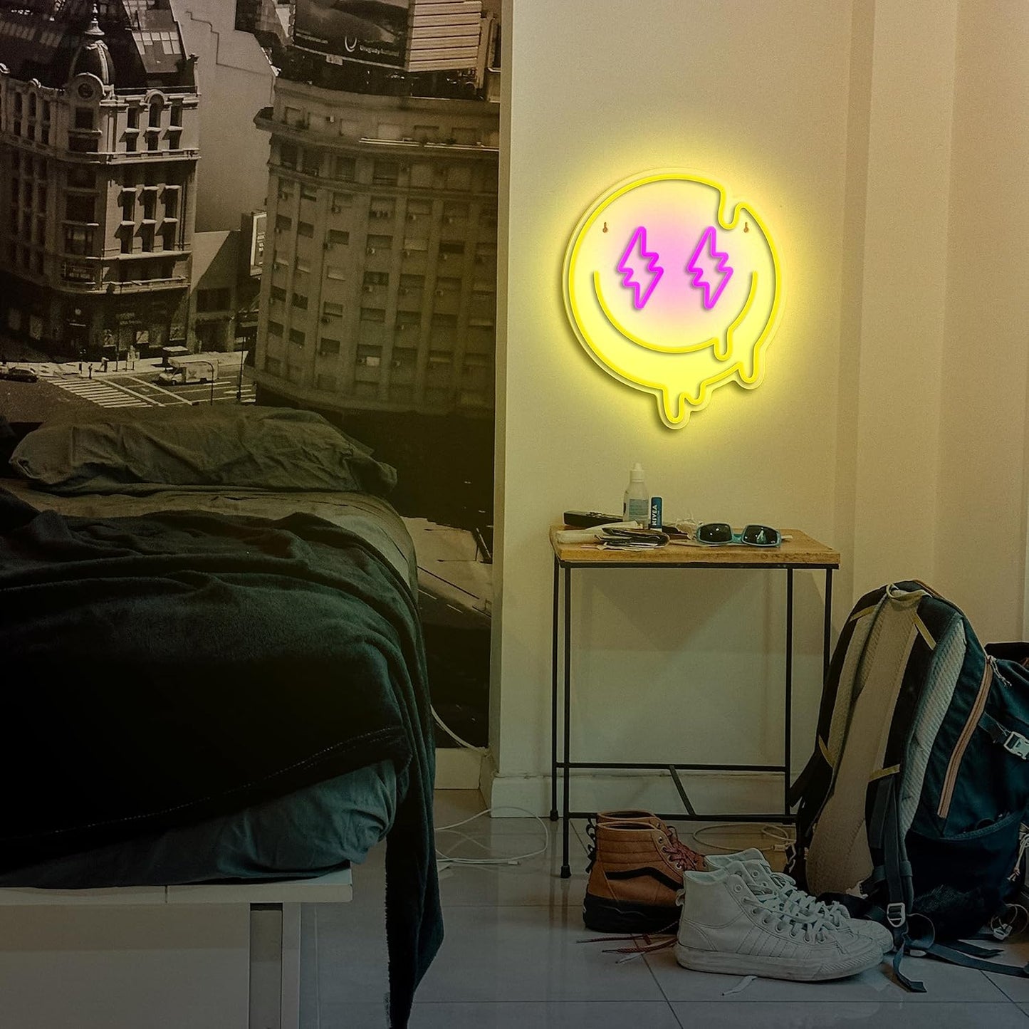 Melting smiley face neon sign with lightning bolt eyes in LED light