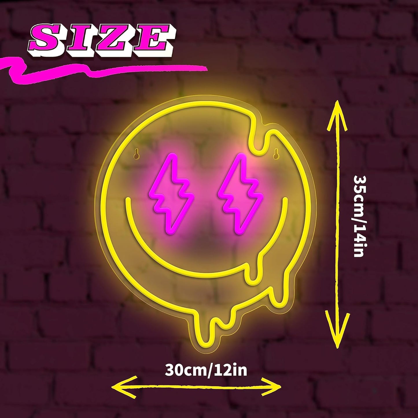 Melting smiley face neon sign with lightning bolt eyes in LED light