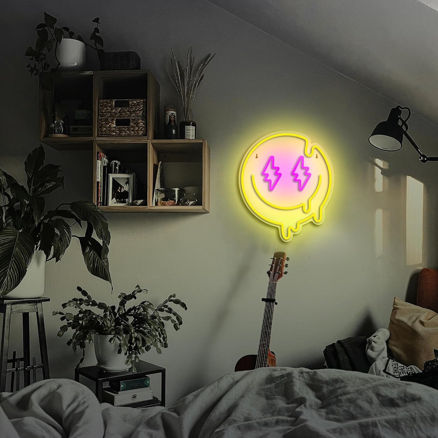 Melting smiley face neon sign with lightning bolt eyes in LED light