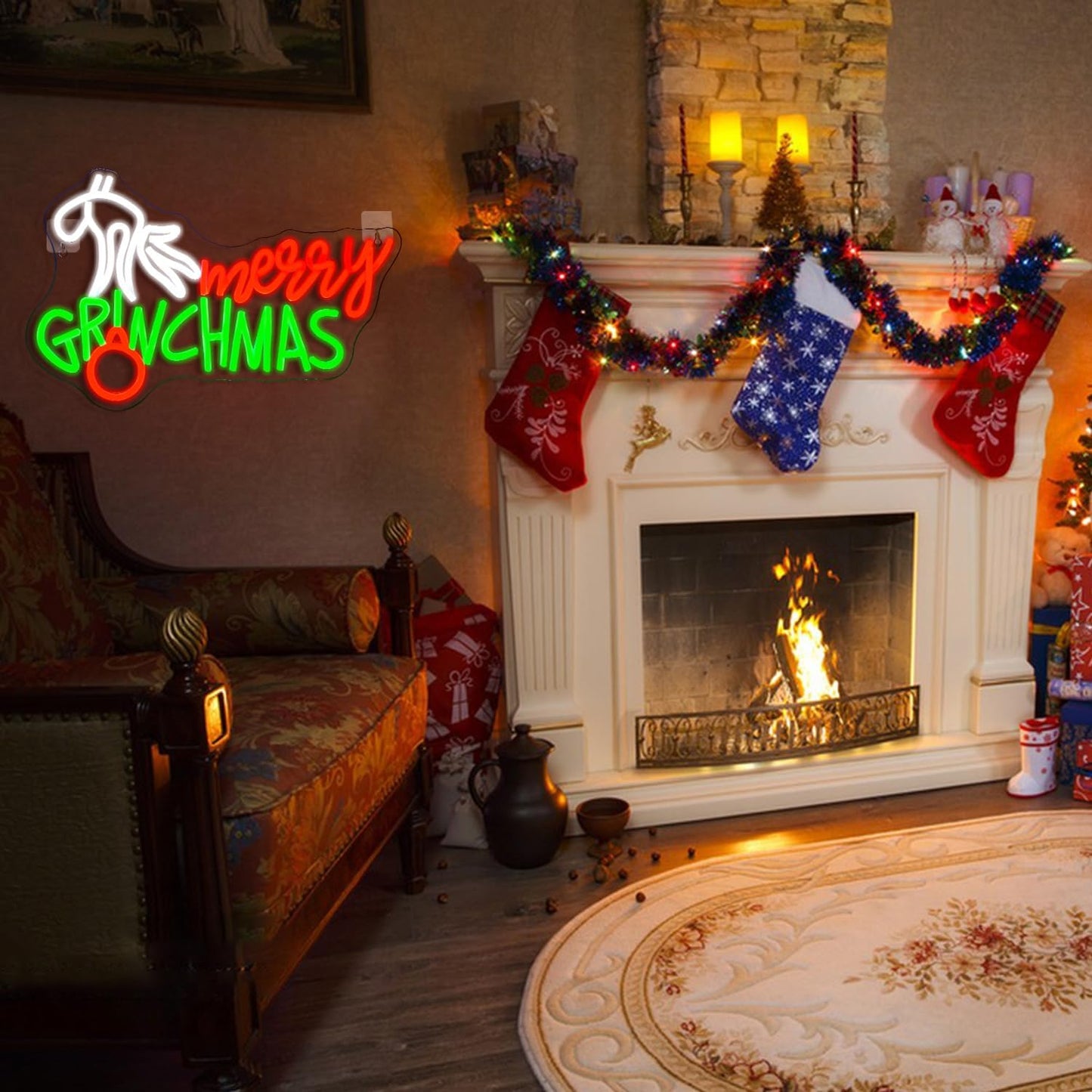 Merry Grinchmas neon sign with a hand holding ornament in red, green, and white LED lights for holiday decor