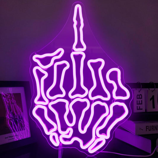 Skeleton Hand Middle Finger Neon Sign – LED Wall Light for Edgy, Punk or Gamer Room Decor