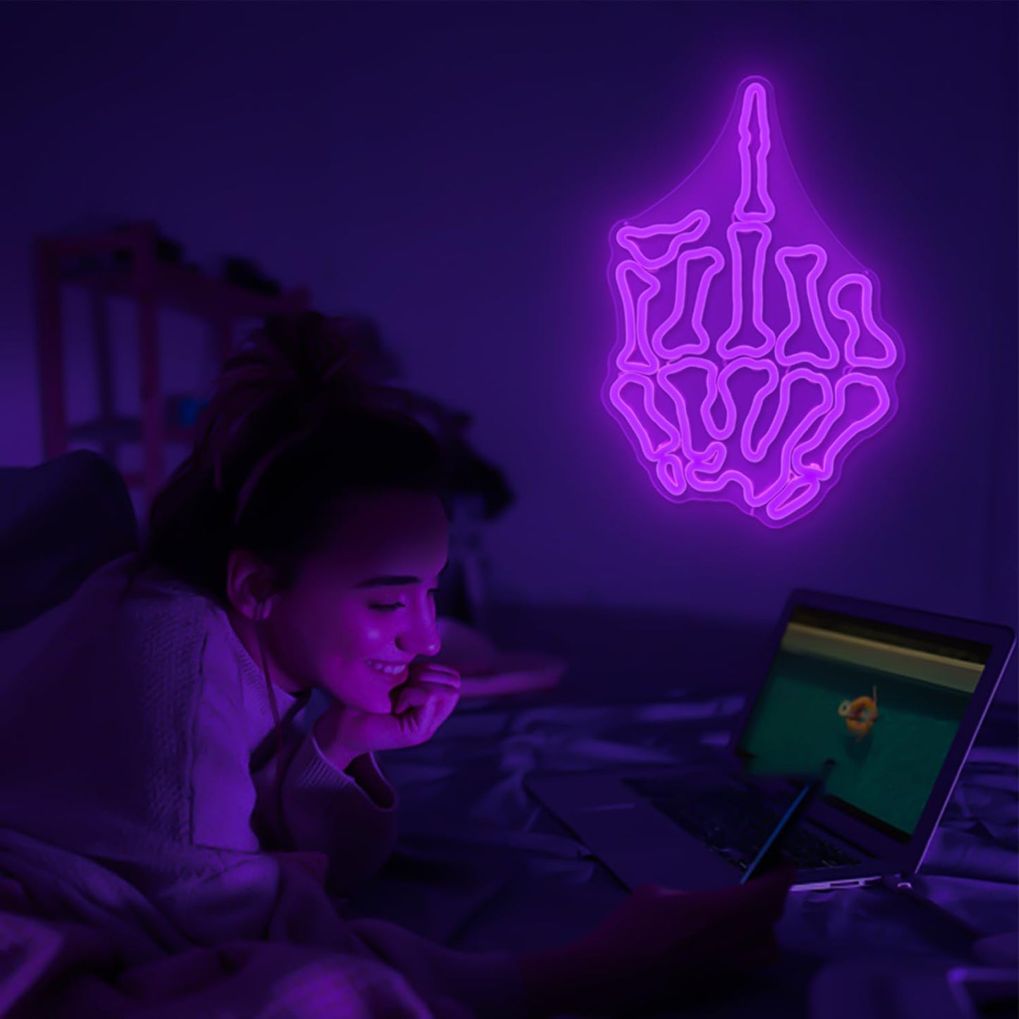 Skeleton Hand Middle Finger Neon Sign – LED Wall Light for Edgy, Punk or Gamer Room Decor