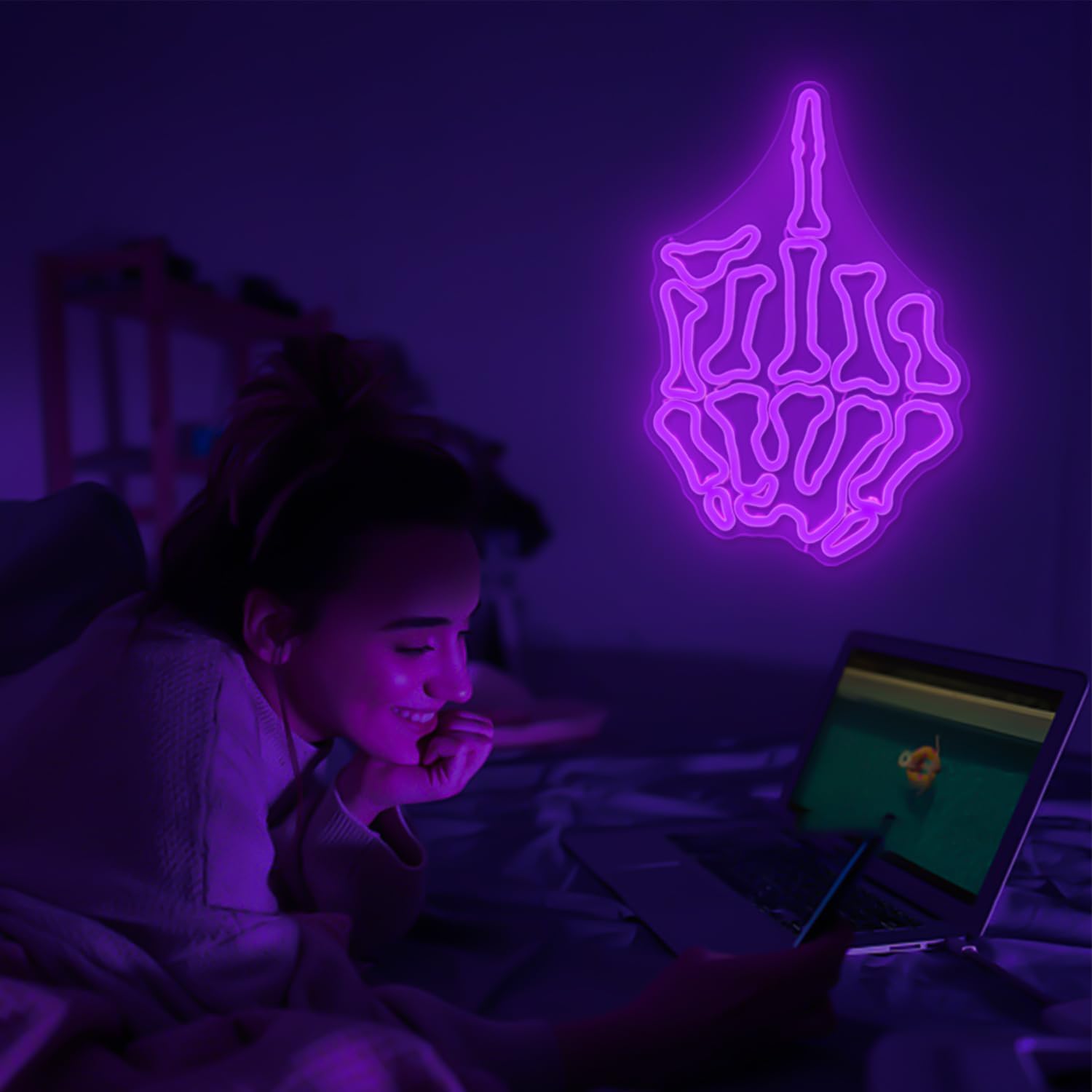 Skeleton Hand Middle Finger Neon Sign – LED Wall Light for Edgy, Punk or Gamer Room Decor
