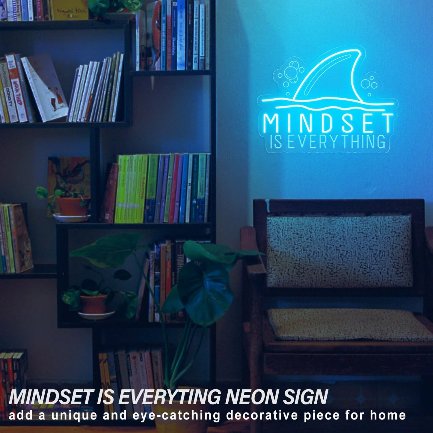 Mindset is Everything neon sign with shark fin graphic – motivational LED wall decor