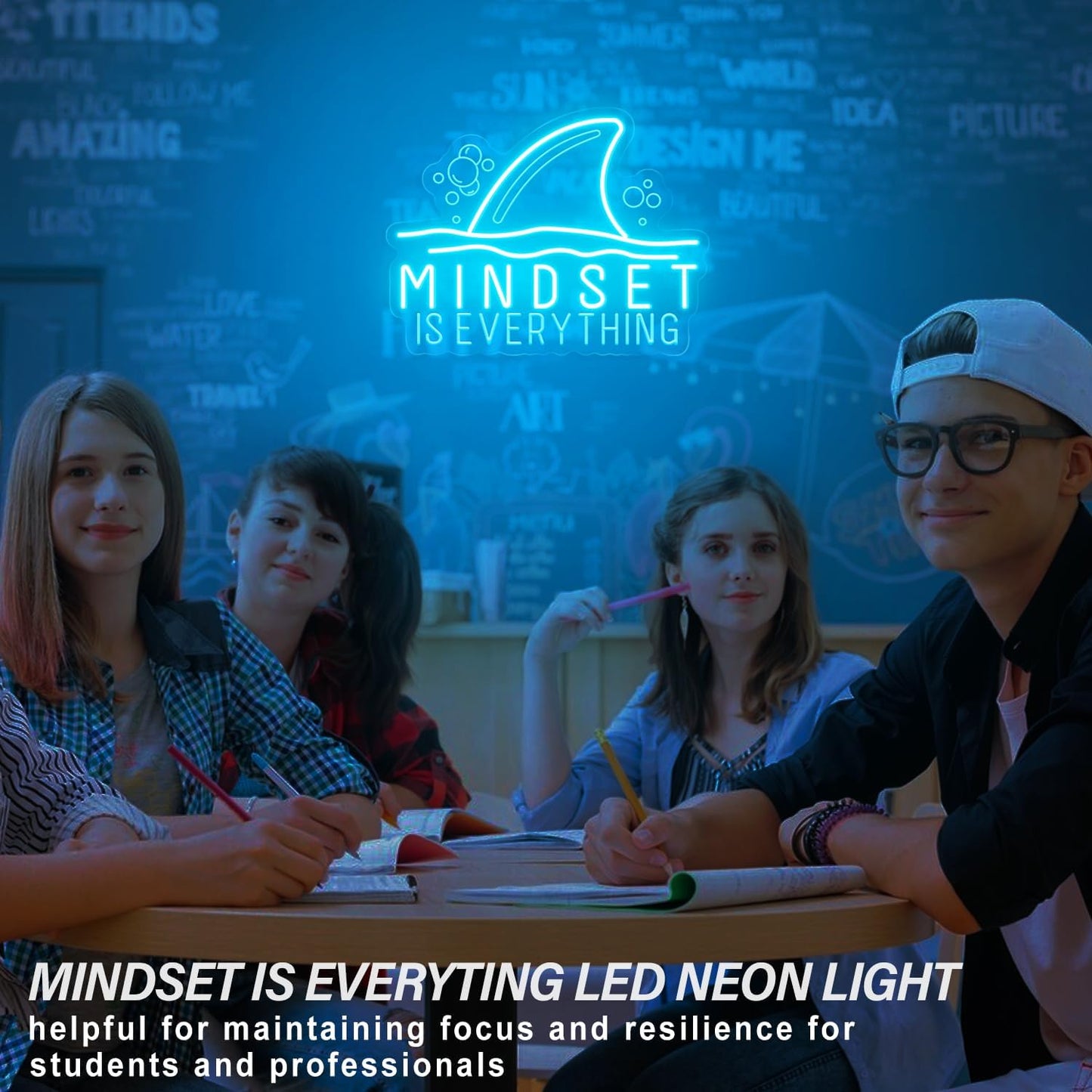 Mindset is Everything neon sign with shark fin graphic – motivational LED wall decor